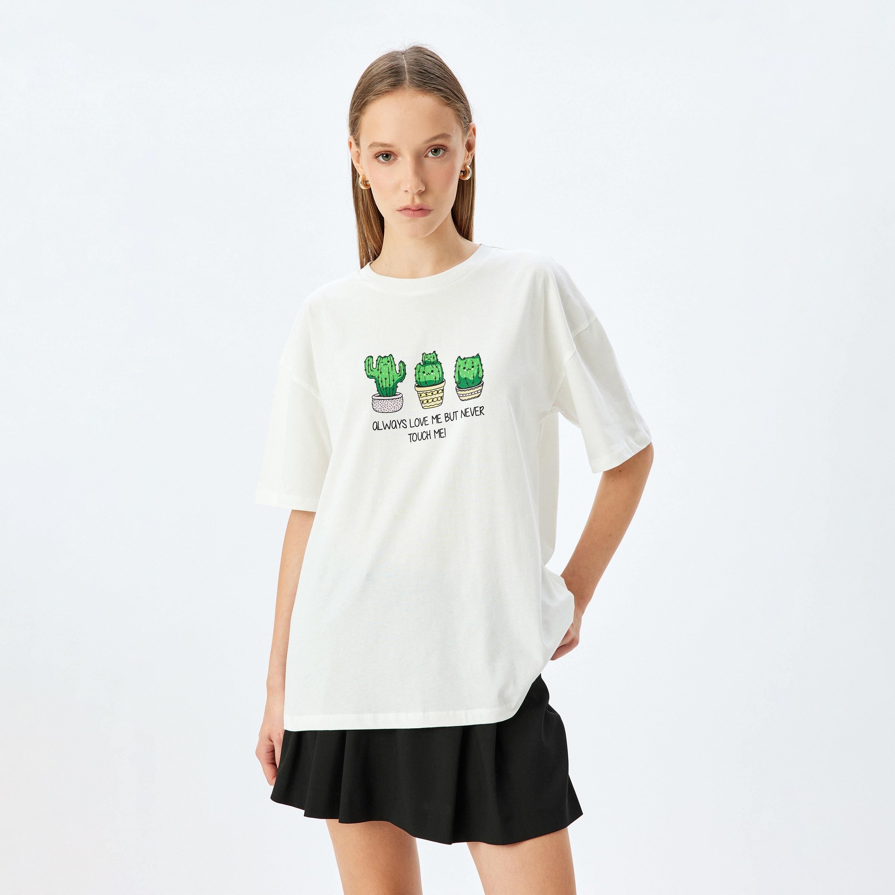Koton White Graphic Print Crew Neck Dropped Sleeves Women's T-Shirt-women-clothing-tshirts-image-2