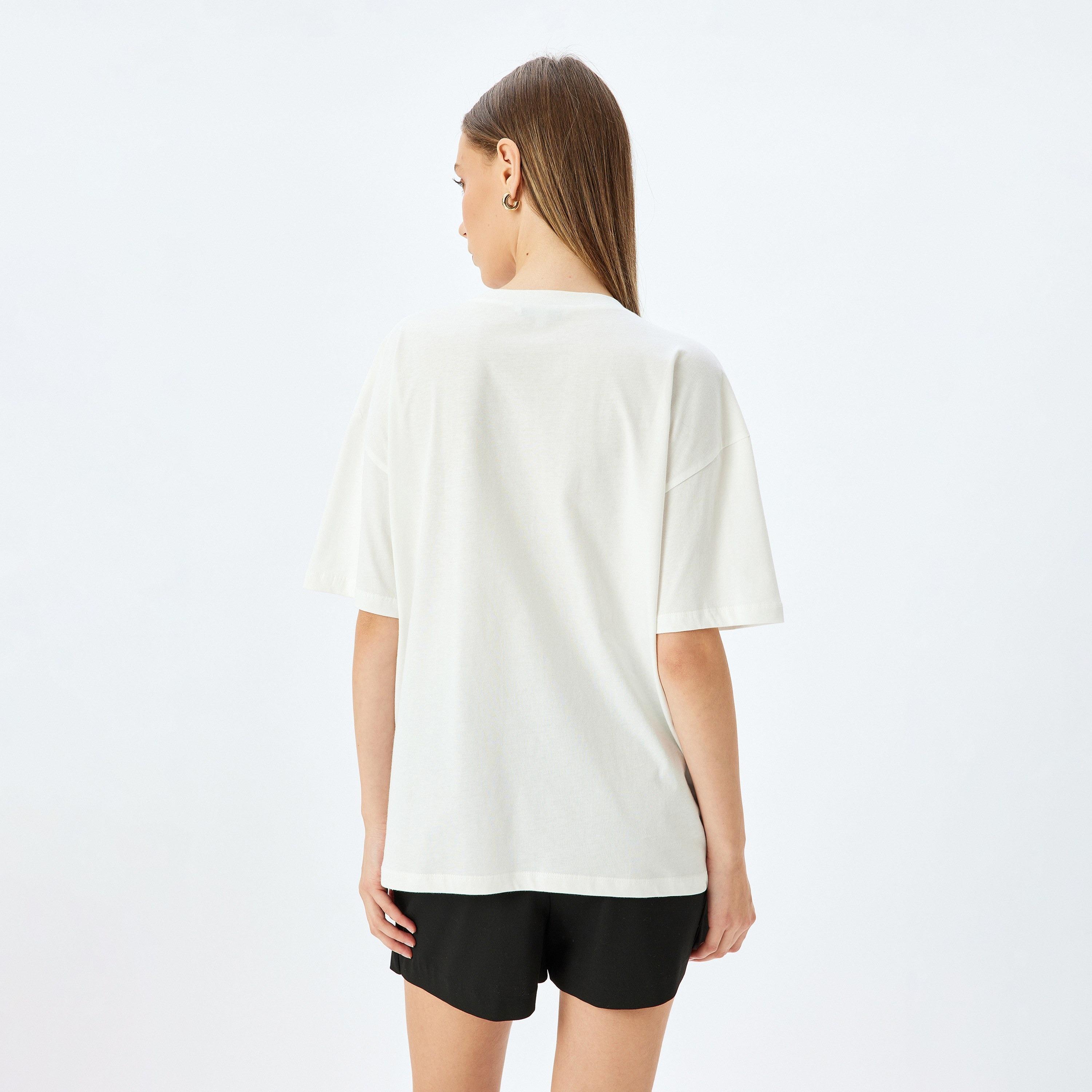 Koton White Graphic Print Crew Neck Dropped Sleeves Women's T-Shirt-women-clothing-tshirts-image-3