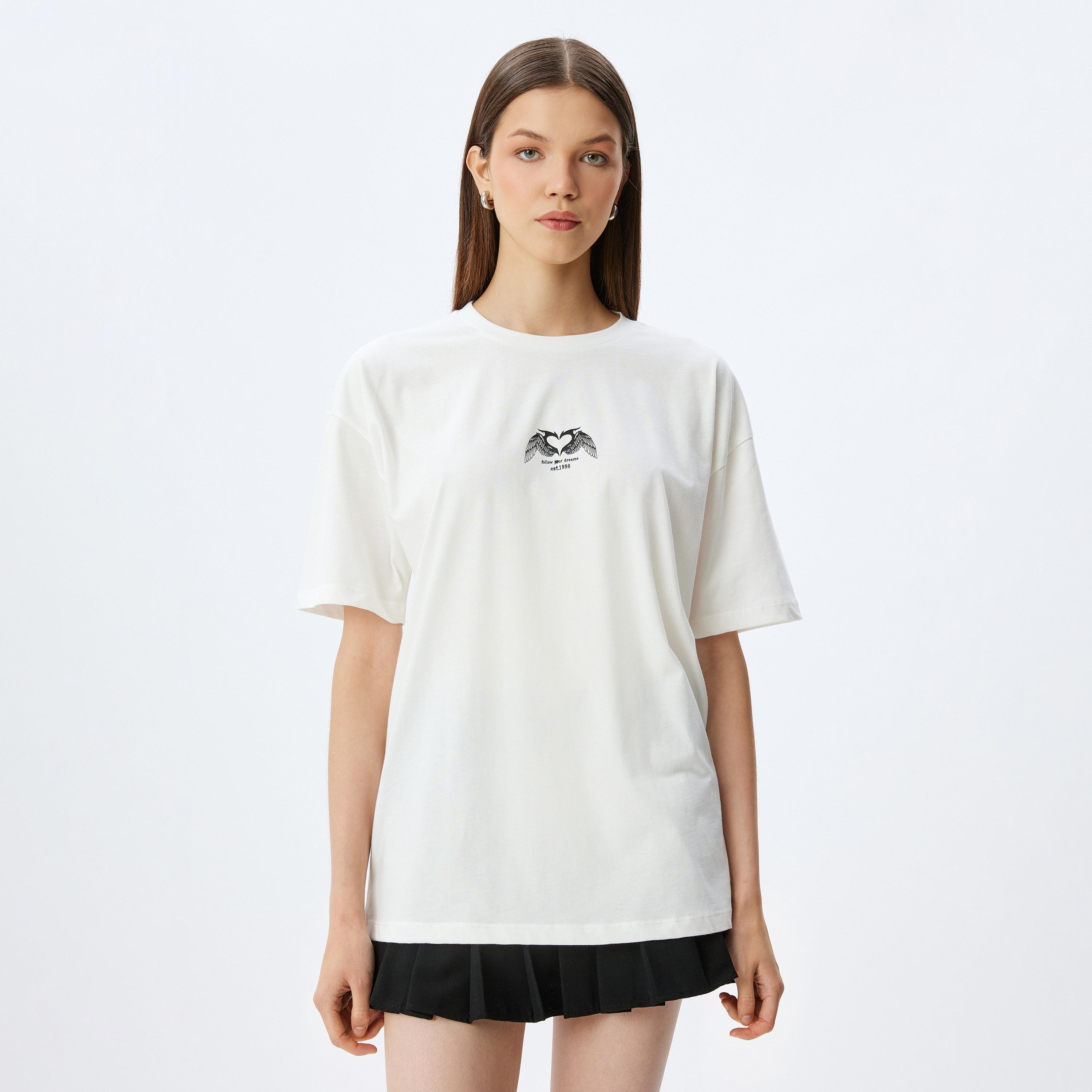 Koton White Text-Print Crew Neck Dropped Sleeves Women's T-Shirt-women-clothing-tshirts-image-1