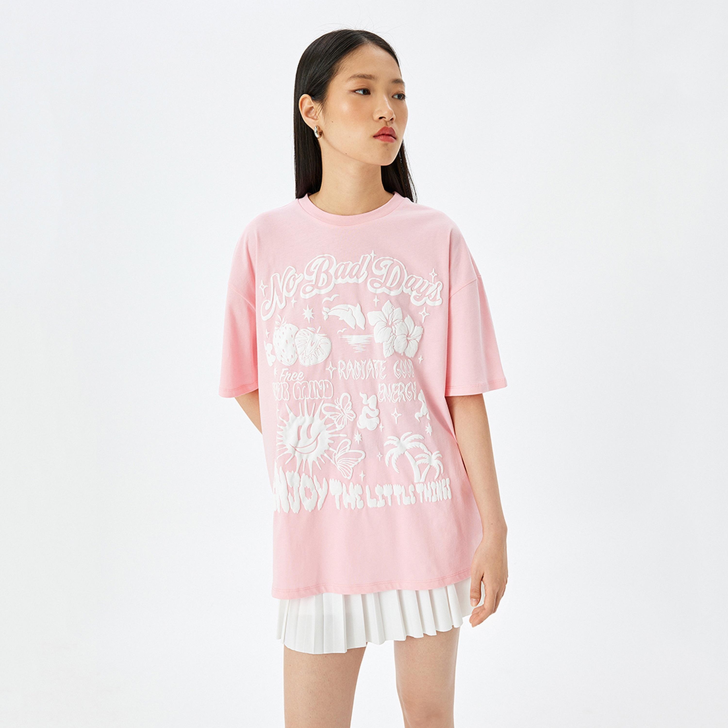 KOTON Pink Graphic Print Crew Neck Drop Shoulder Sleeves Women's T-Shirt-women-clothing-tshirts-image-1