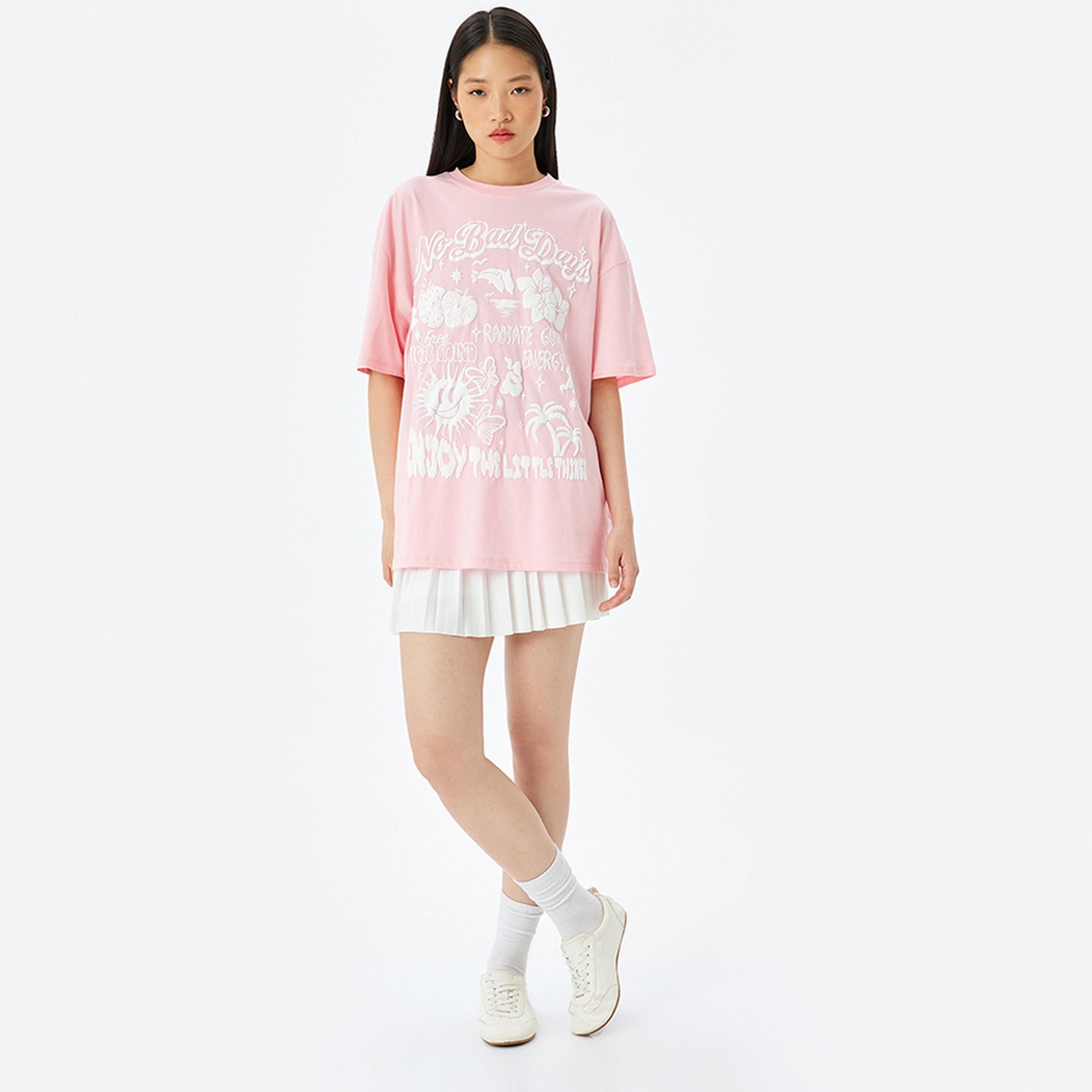 KOTON Pink Graphic Print Crew Neck Drop Shoulder Sleeves Women's T-Shirt-women-clothing-tshirts-image-2
