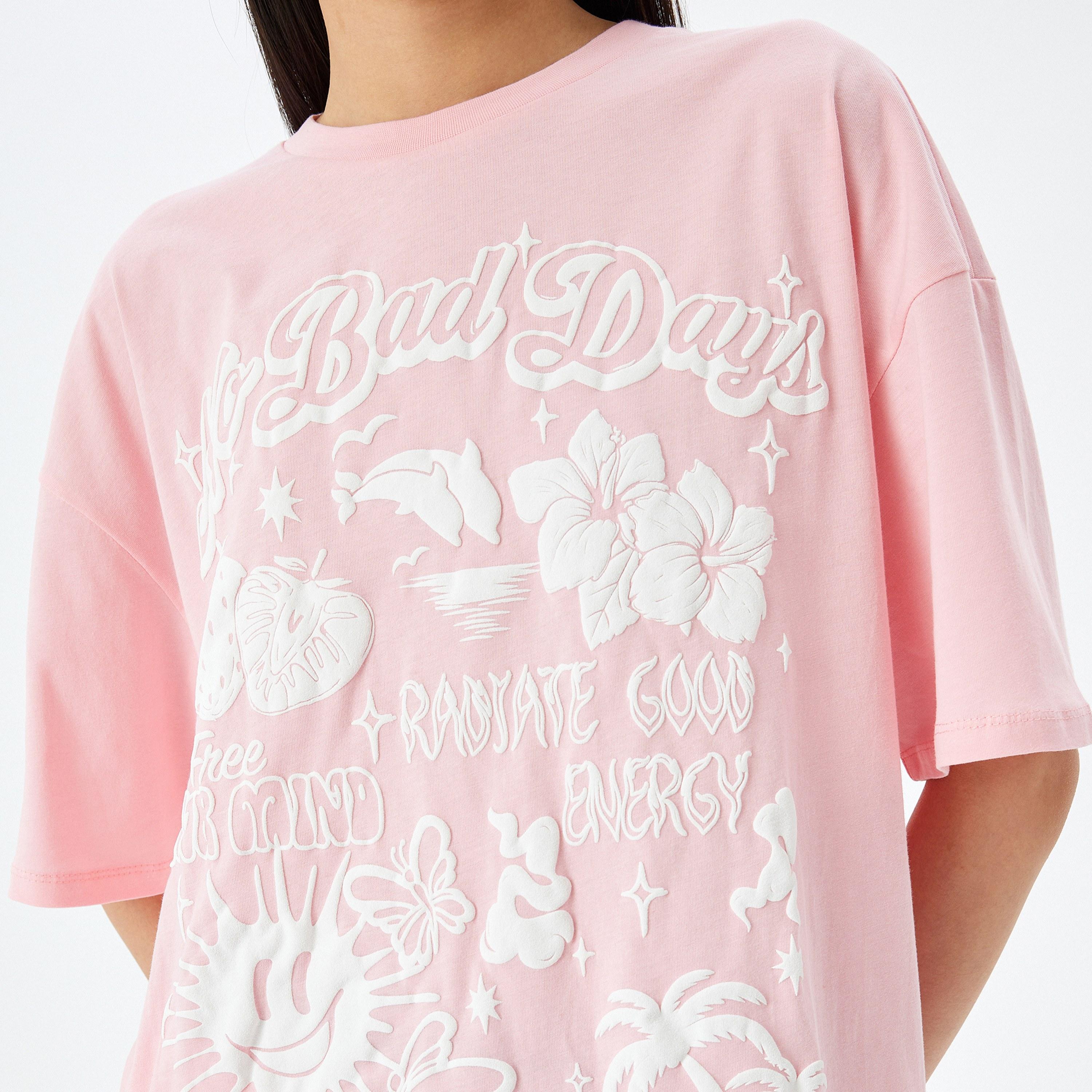 KOTON Pink Graphic Print Crew Neck Drop Shoulder Sleeves Women's T-Shirt-women-clothing-tshirts-image-4