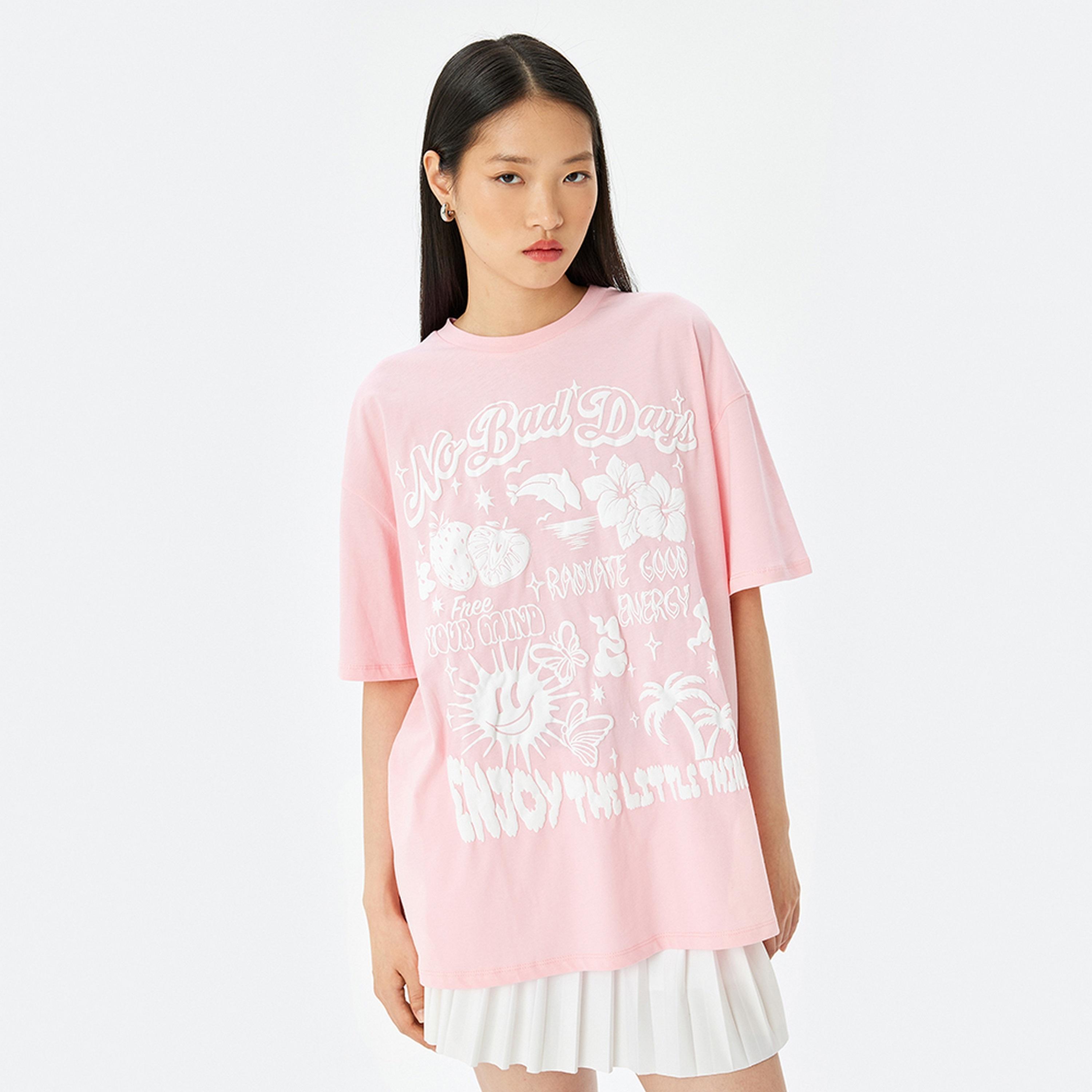 KOTON Pink Graphic Print Crew Neck Drop Shoulder Sleeves Women's T-Shirt-women-clothing-tshirts-image-5