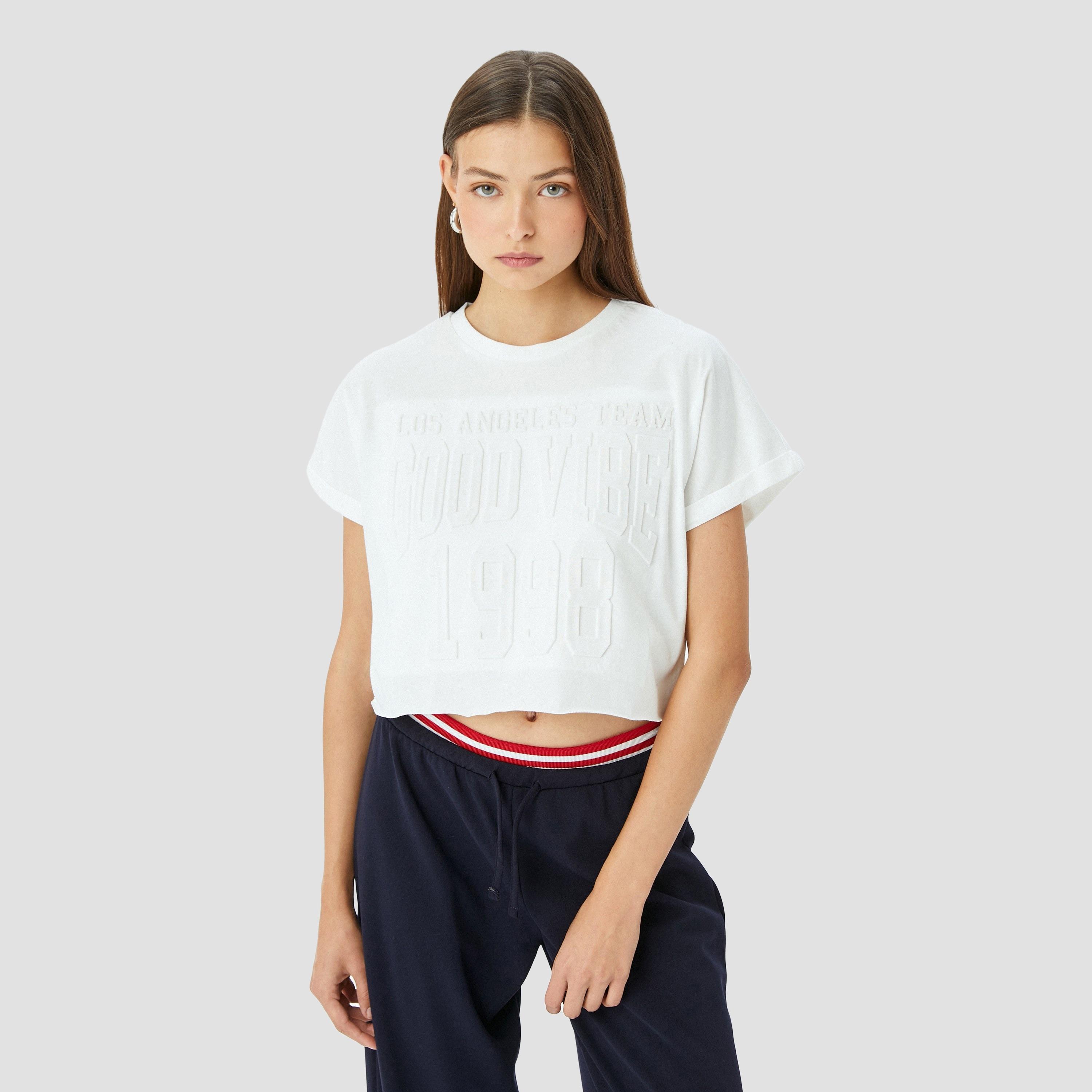 Koton White Embossed Text Crew Neck Short Sleeves Women's T-Shirt-women-clothing-tshirts-image-1