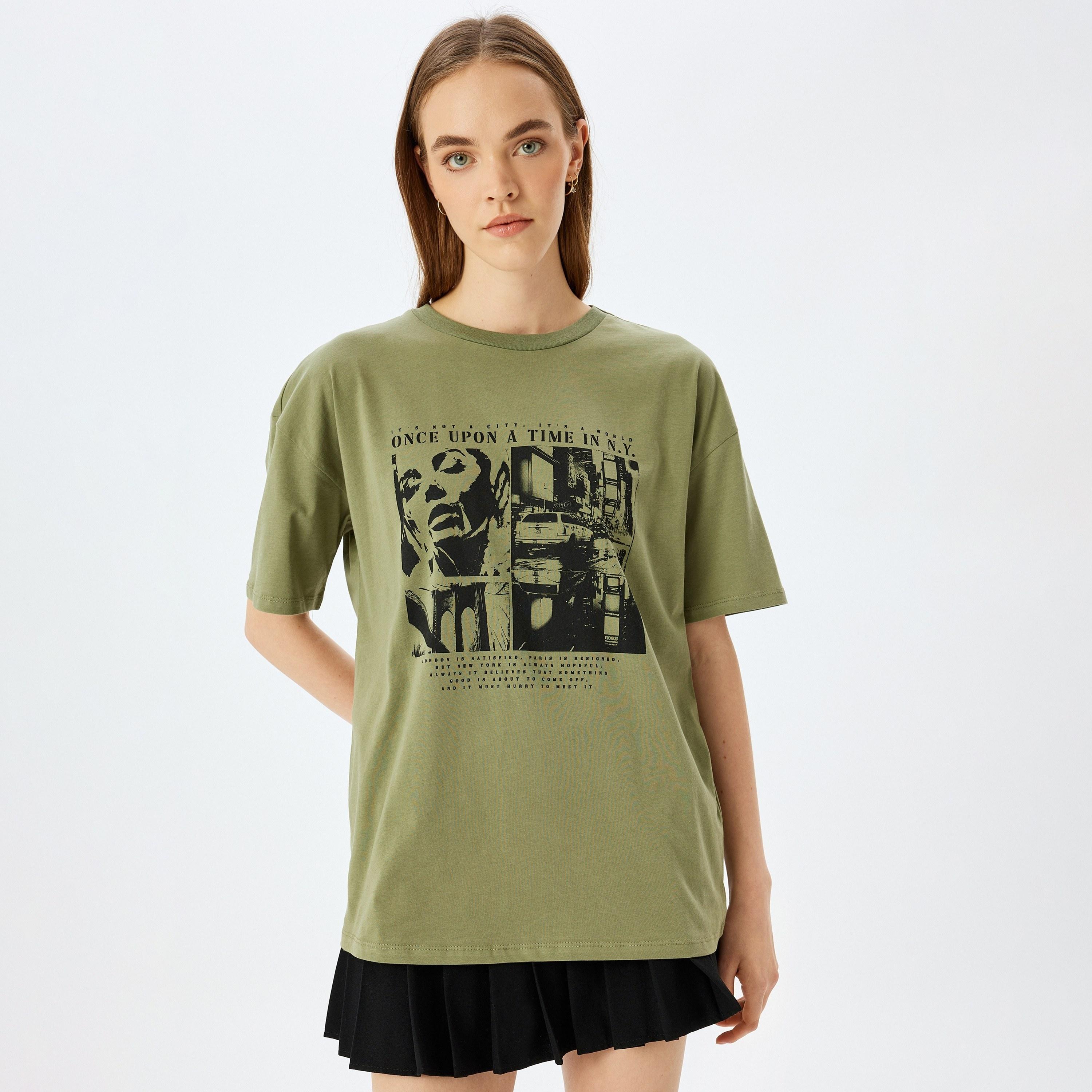 Koton Green Graphic Print Crew Neck Dropped Sleeves Women's T-Shirt-women-clothing-tshirts-image-1