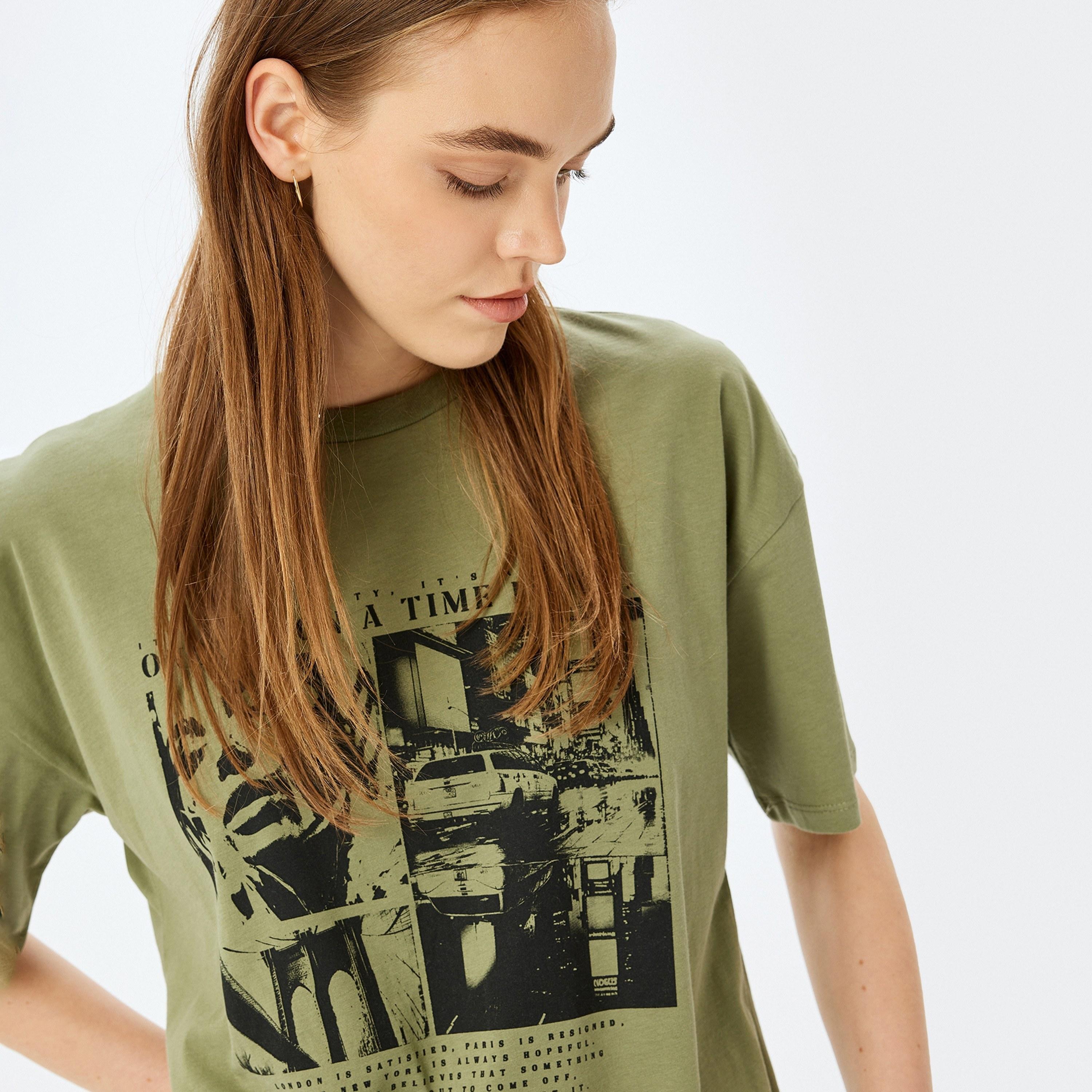 Koton Green Graphic Print Crew Neck Dropped Sleeves Women's T-Shirt-women-clothing-tshirts-image-2