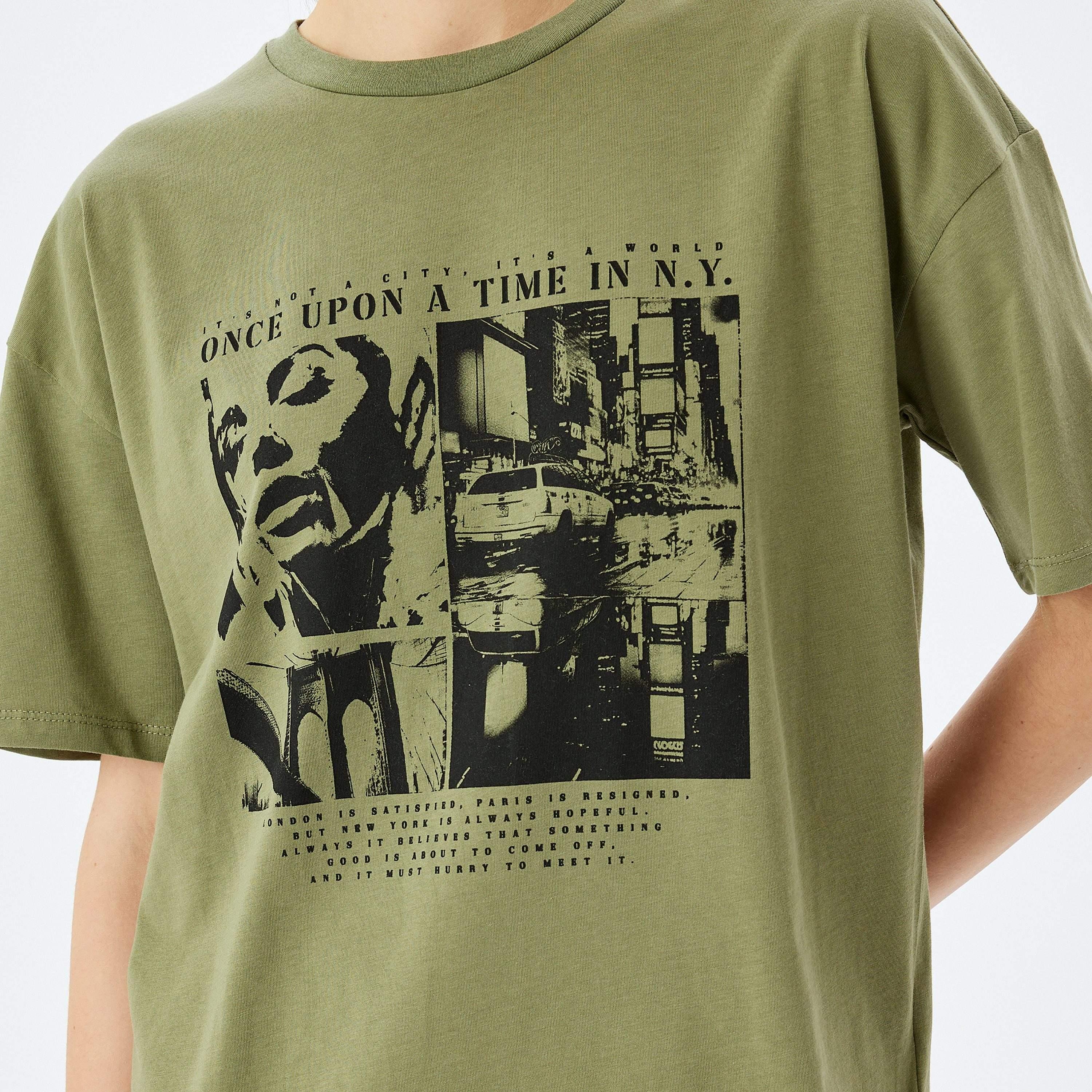 Koton Green Graphic Print Crew Neck Dropped Sleeves Women's T-Shirt-women-clothing-tshirts-image-4