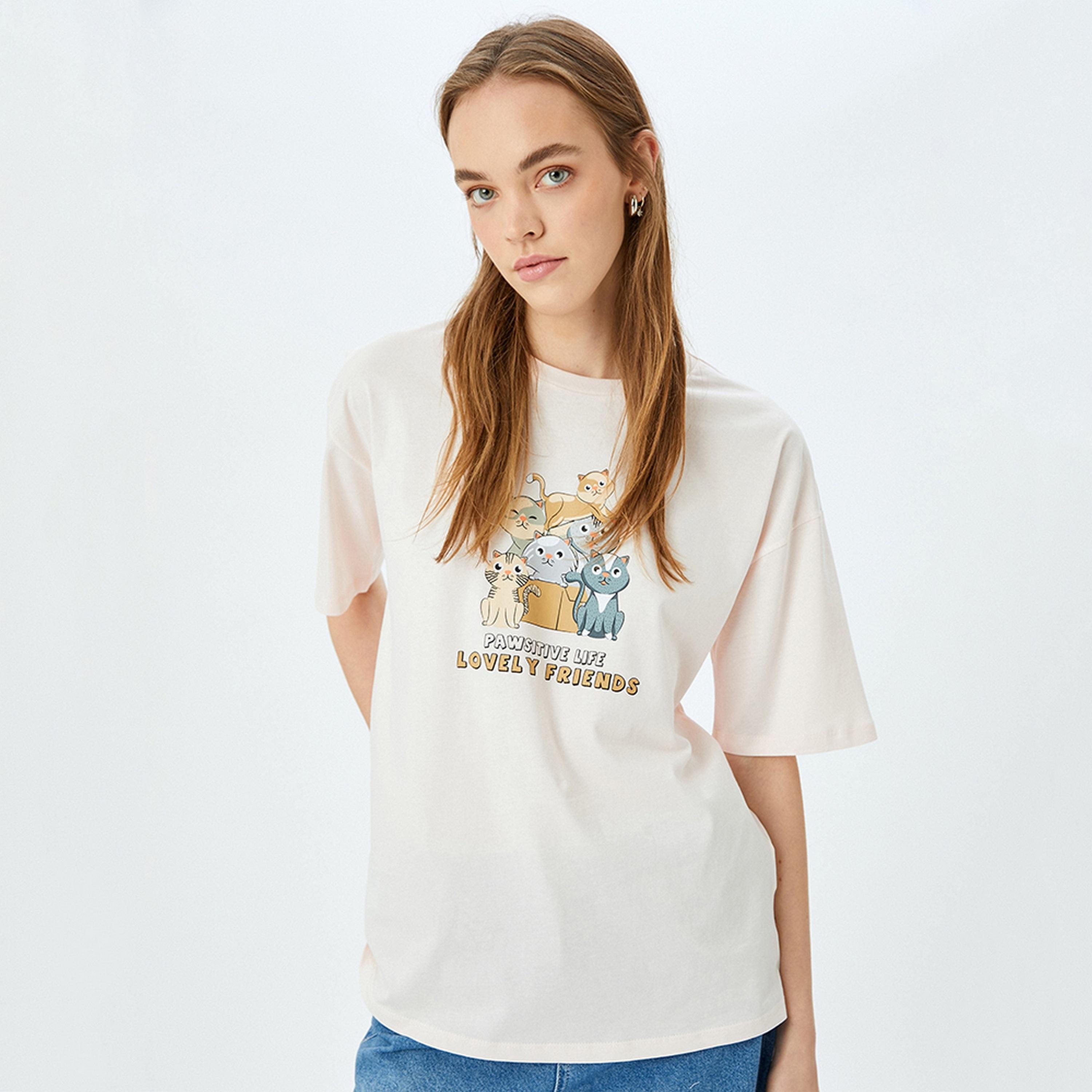 KOTON Pink Graphic Cat Print Crew Neck Short Sleeves Women's T-Shirt-women-clothing-tshirts-image-1