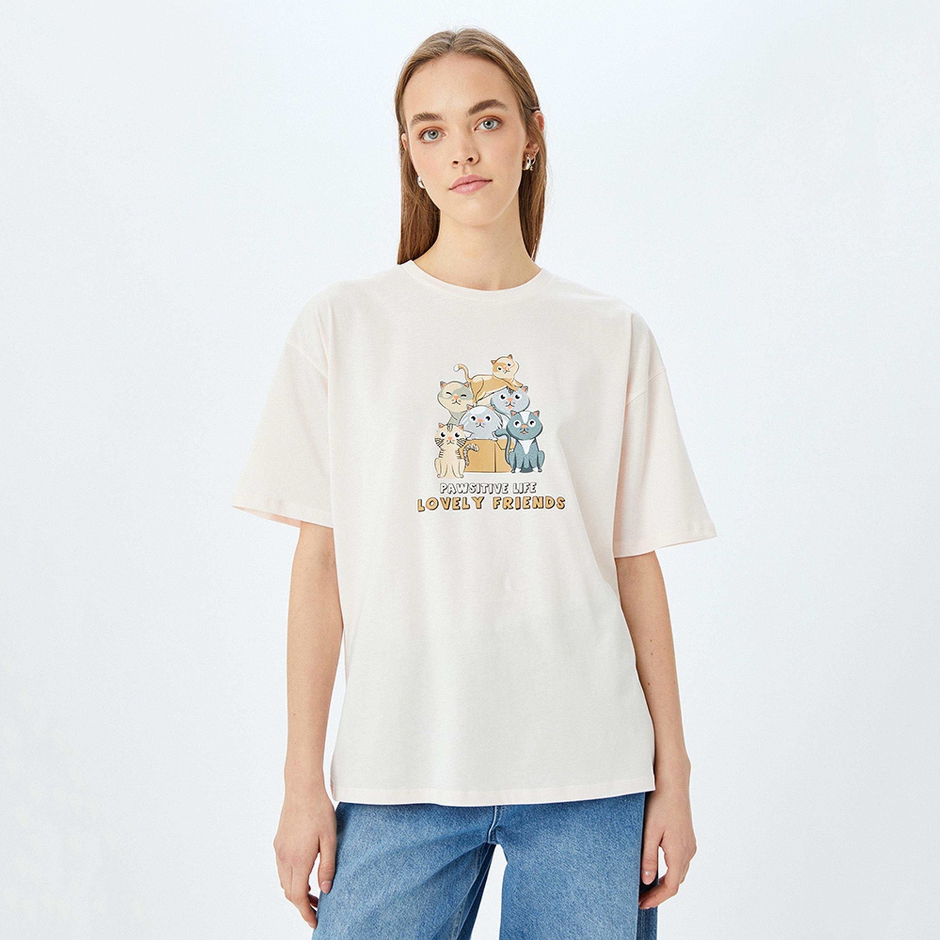 KOTON Pink Graphic Cat Print Crew Neck Short Sleeves Women's T-Shirt-women-clothing-tshirts-image-2