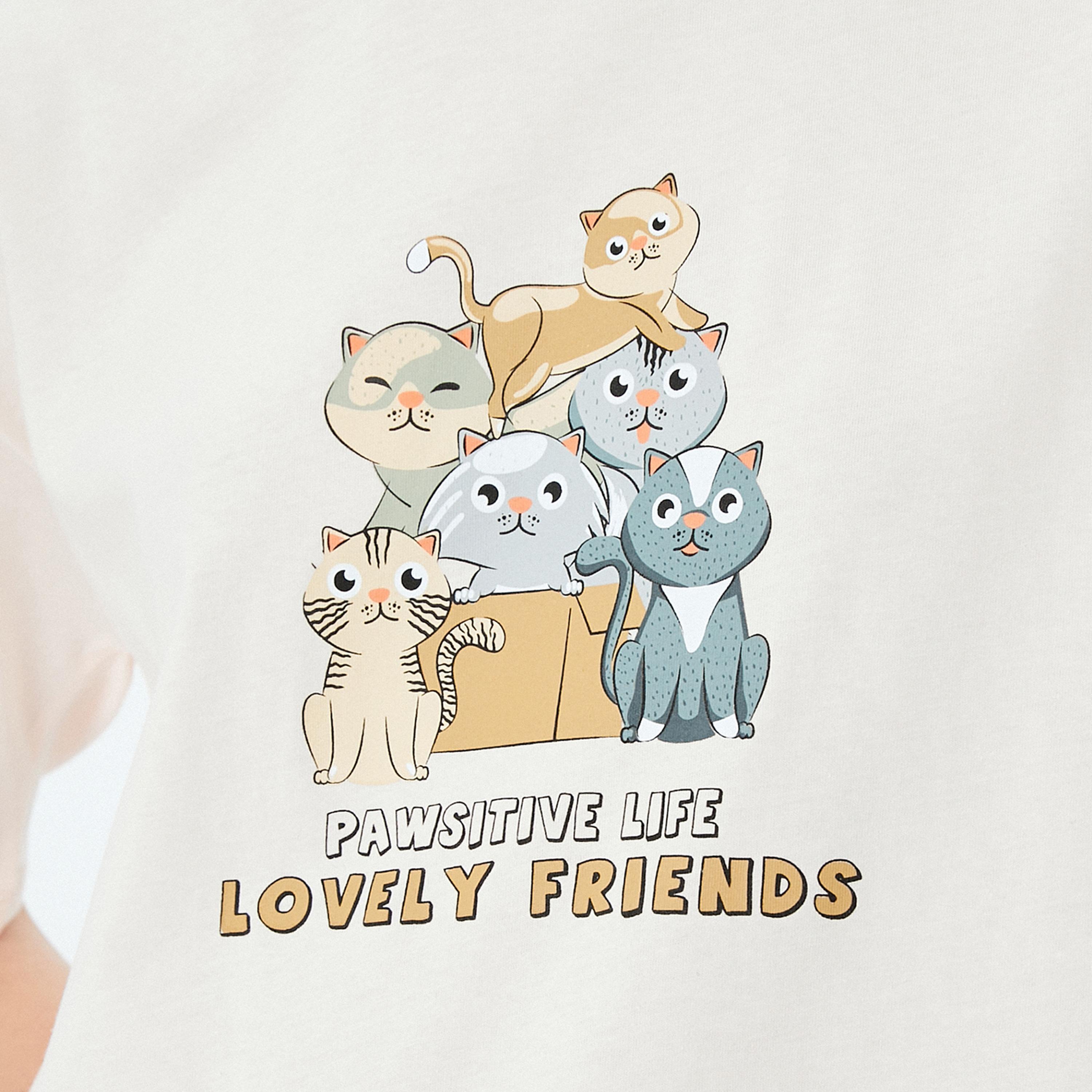 KOTON Pink Graphic Cat Print Crew Neck Short Sleeves Women's T-Shirt-women-clothing-tshirts-image-4