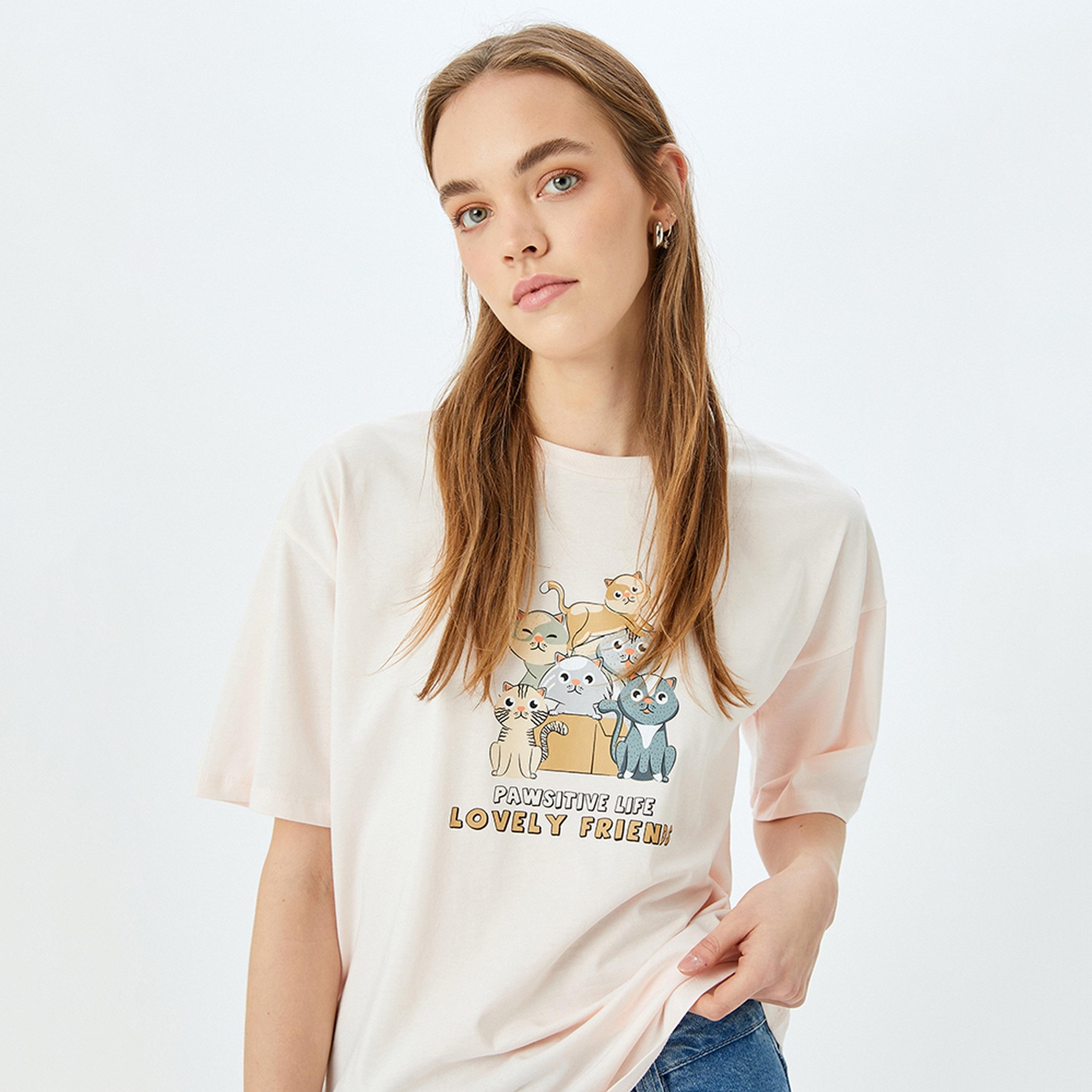 KOTON Pink Graphic Cat Print Crew Neck Short Sleeves Women's T-Shirt-women-clothing-tshirts-image-5