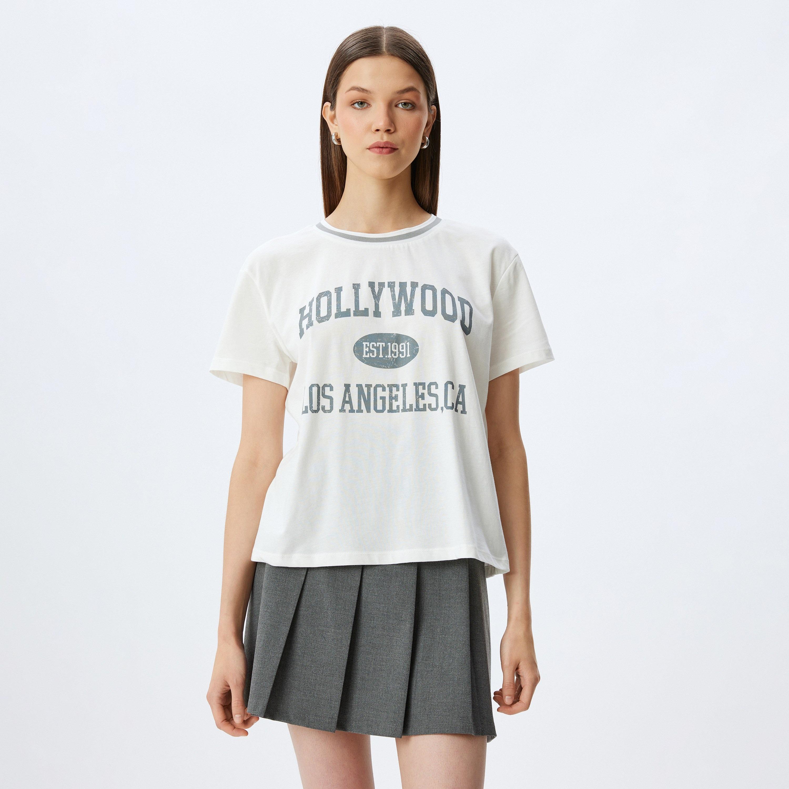 Koton White Text-Print Crew Neck Short Sleeves Women's T-Shirt-women-clothing-tshirts-image-1