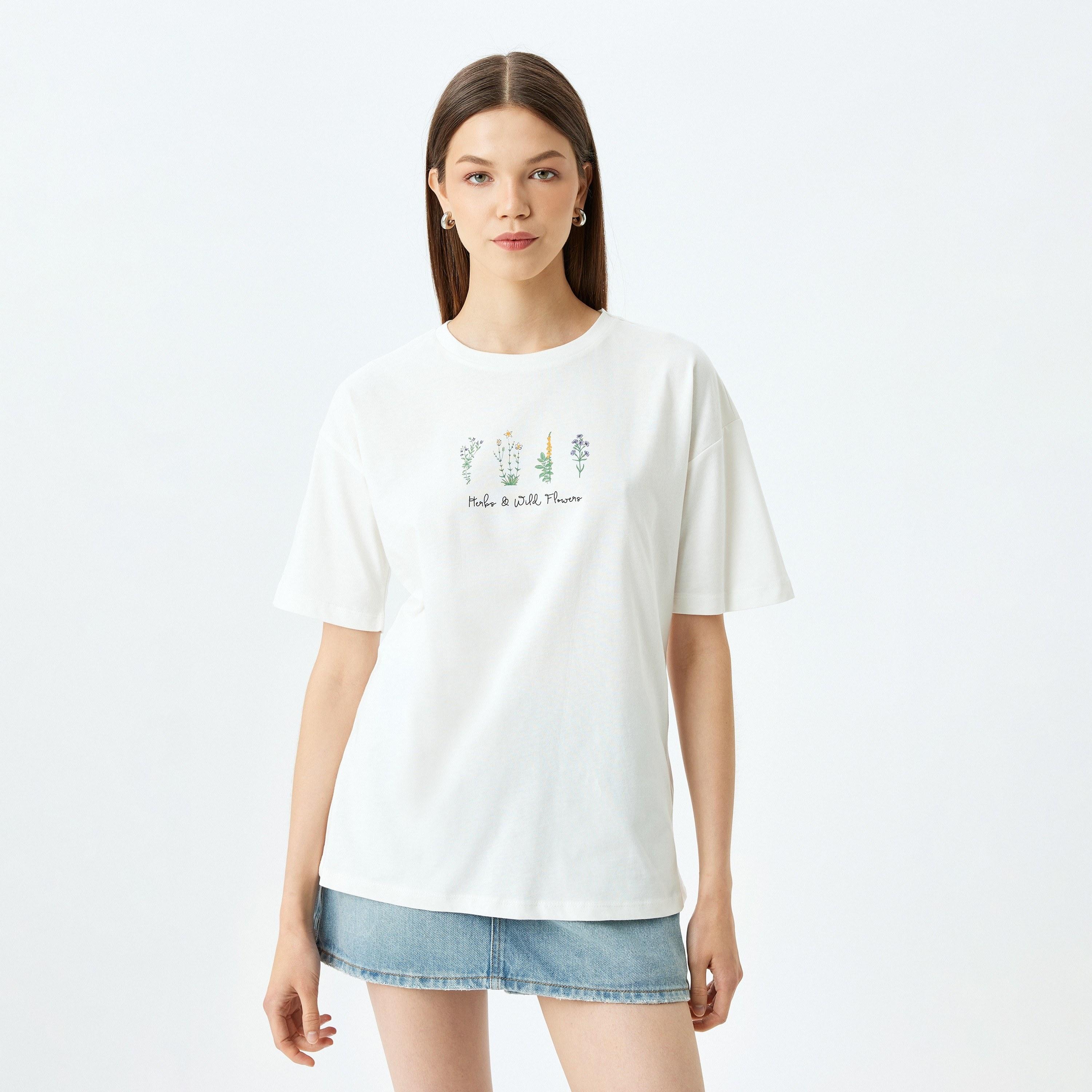 Koton White Floral Print Crew Neck Short Sleeves Women's T-Shirt-women-clothing-tshirts-image-1