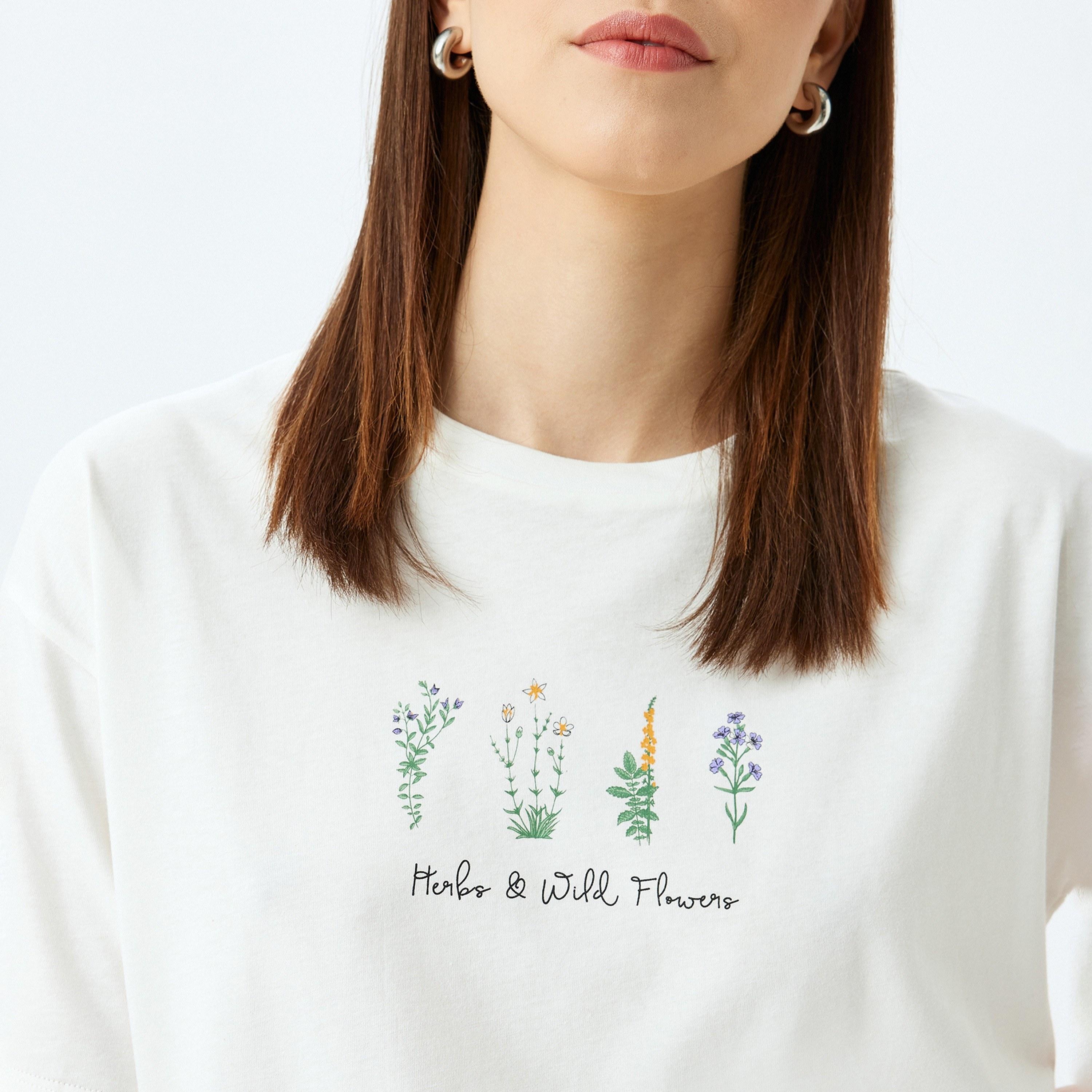 Koton White Floral Print Crew Neck Short Sleeves Women's T-Shirt-women-clothing-tshirts-image-2