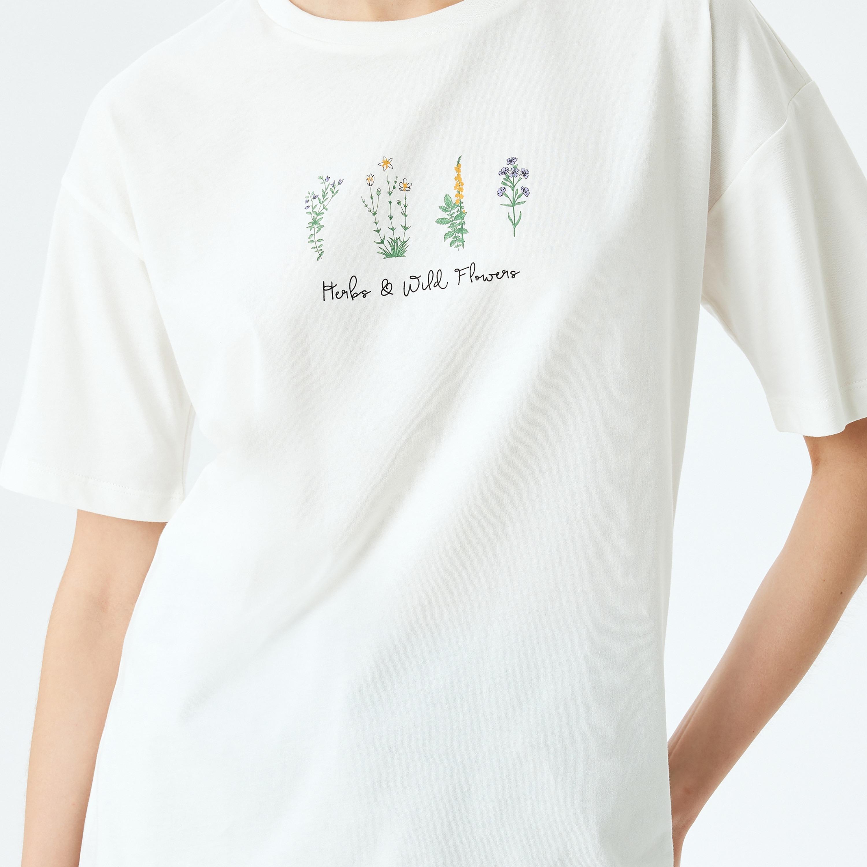 Koton White Floral Print Crew Neck Short Sleeves Women's T-Shirt-women-clothing-tshirts-image-4