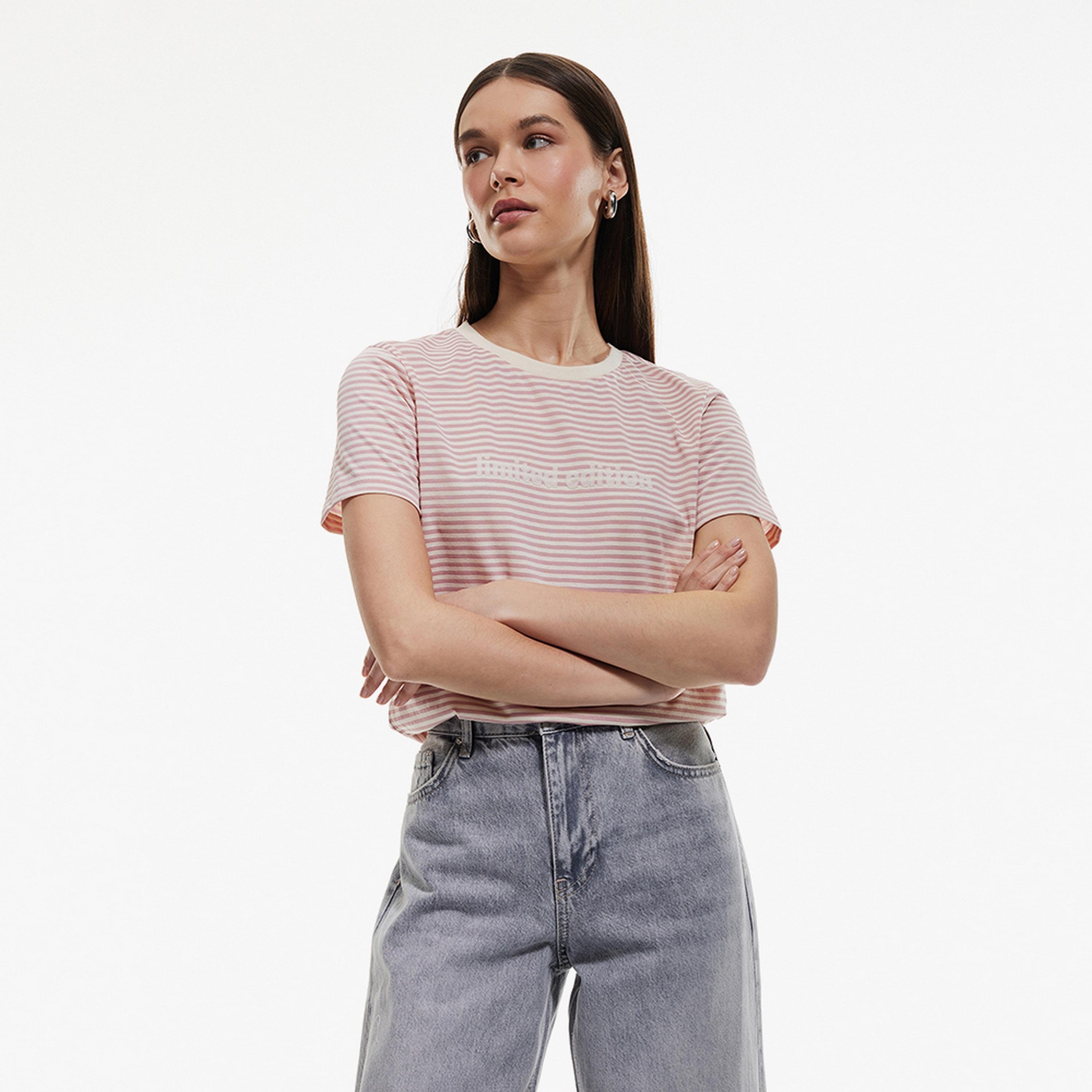 KOTON Pink Striped Crew Neck Short Sleeves Women's T-Shirt-women-clothing-tshirts-image-1