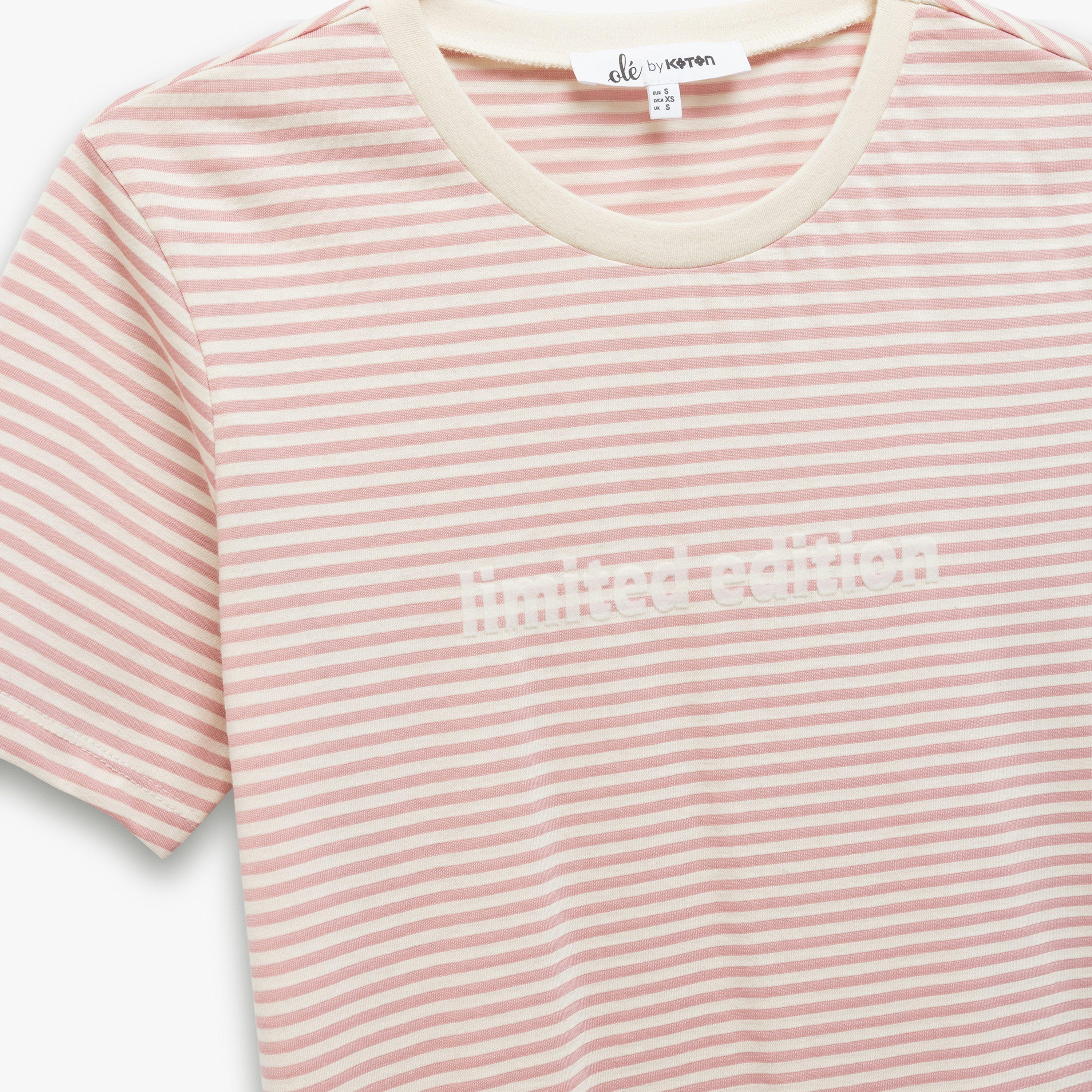 KOTON Pink Striped Crew Neck Short Sleeves Women's T-Shirt-women-clothing-tshirts-image-3