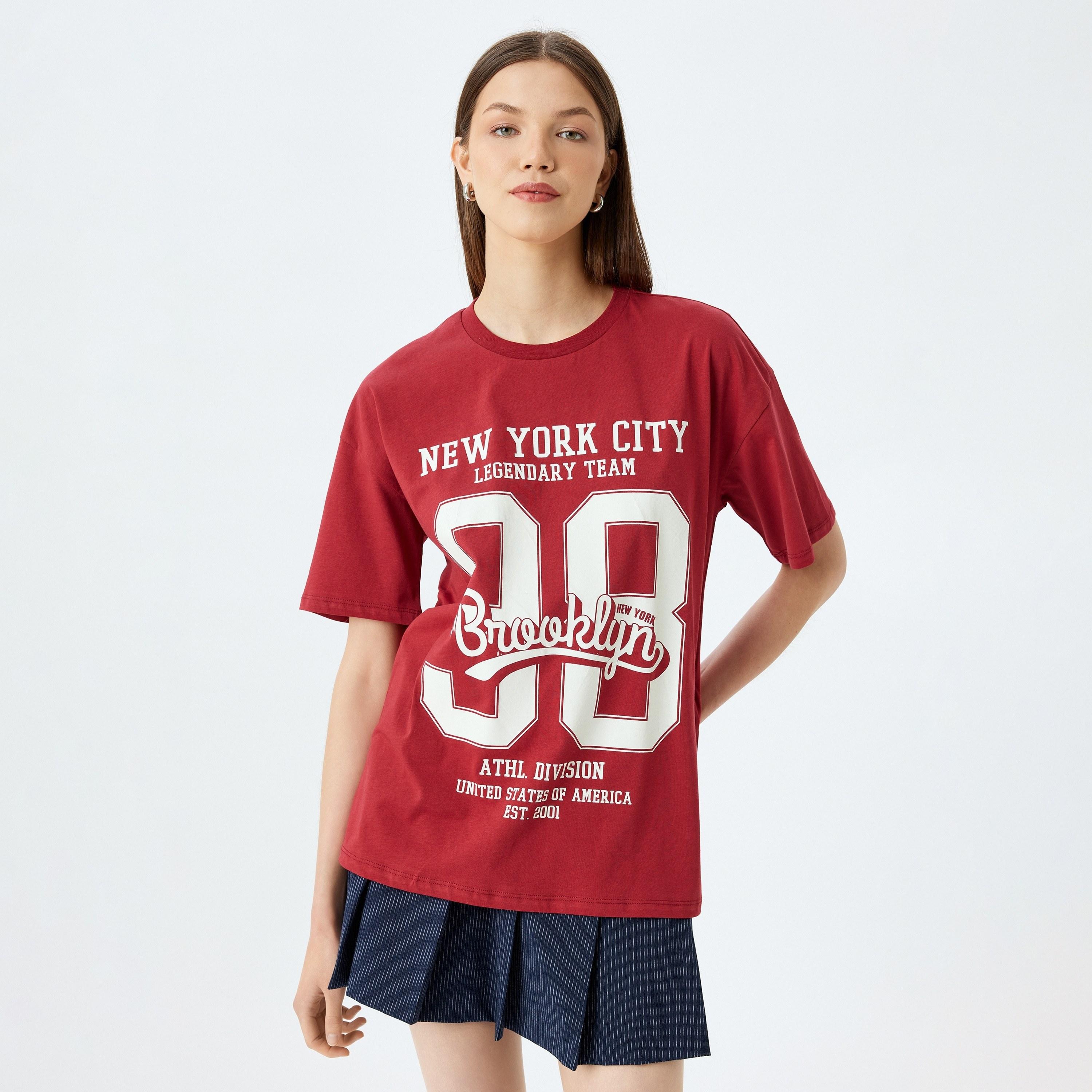 Koton Red Printed Crew Neck Dropped Sleeves Women's T-Shirt-women-clothing-tshirts-image-1