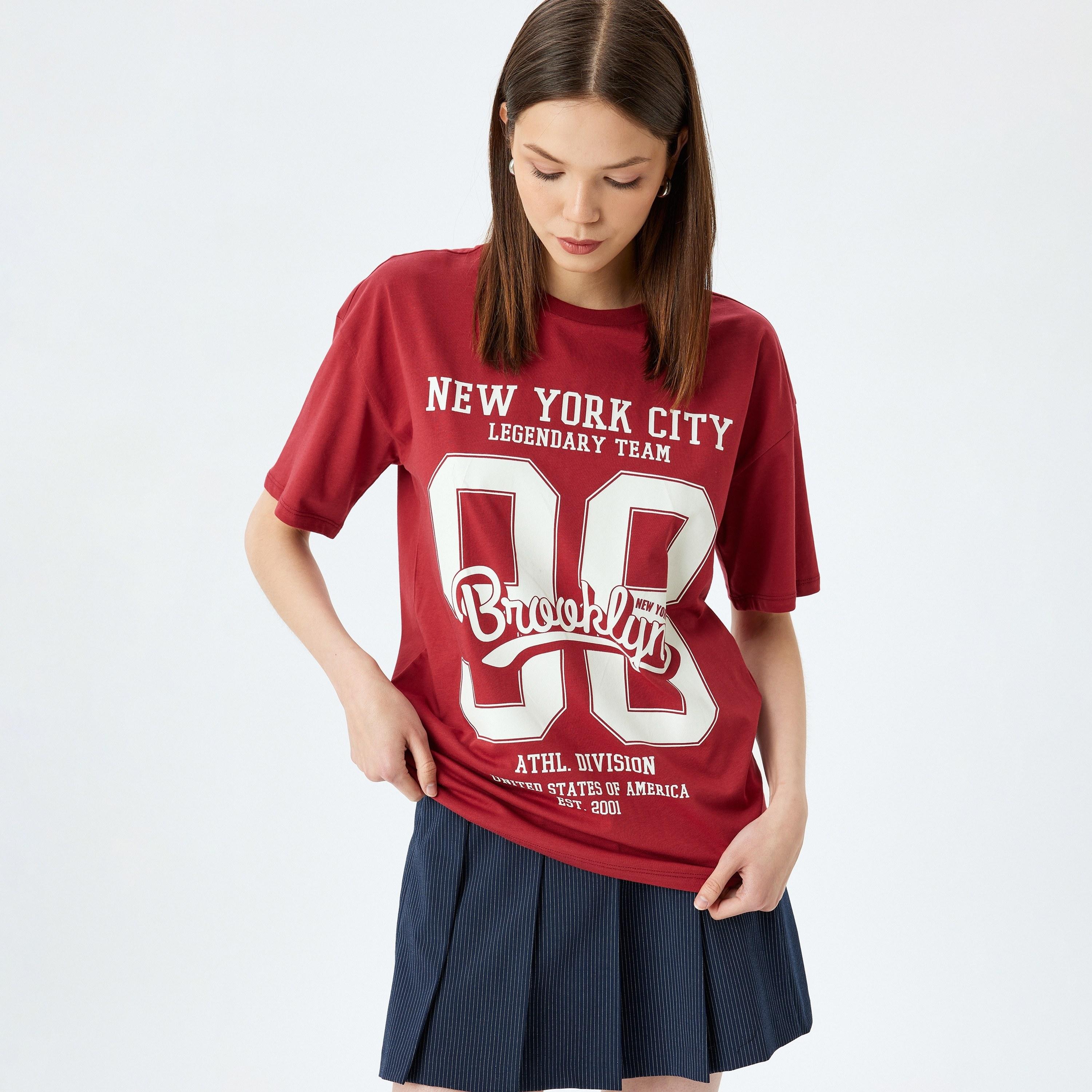 Koton Red Printed Crew Neck Dropped Sleeves Women's T-Shirt-women-clothing-tshirts-image-2