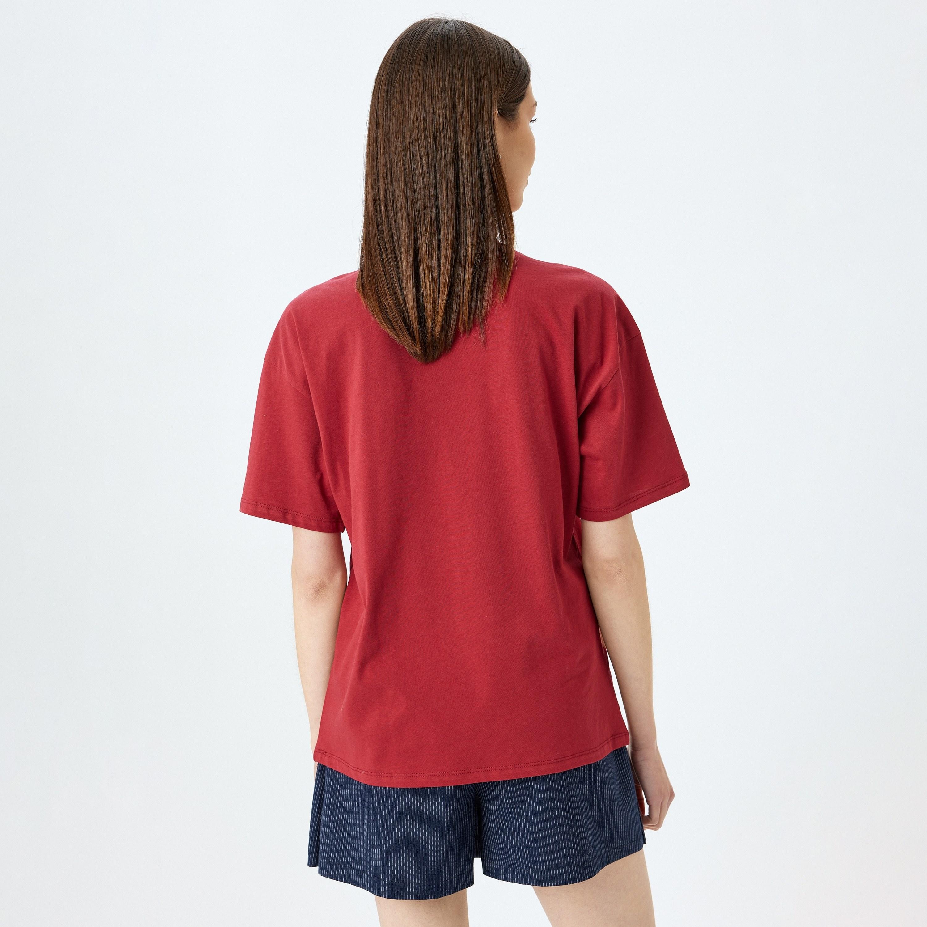 Koton Red Printed Crew Neck Dropped Sleeves Women's T-Shirt-women-clothing-tshirts-image-3