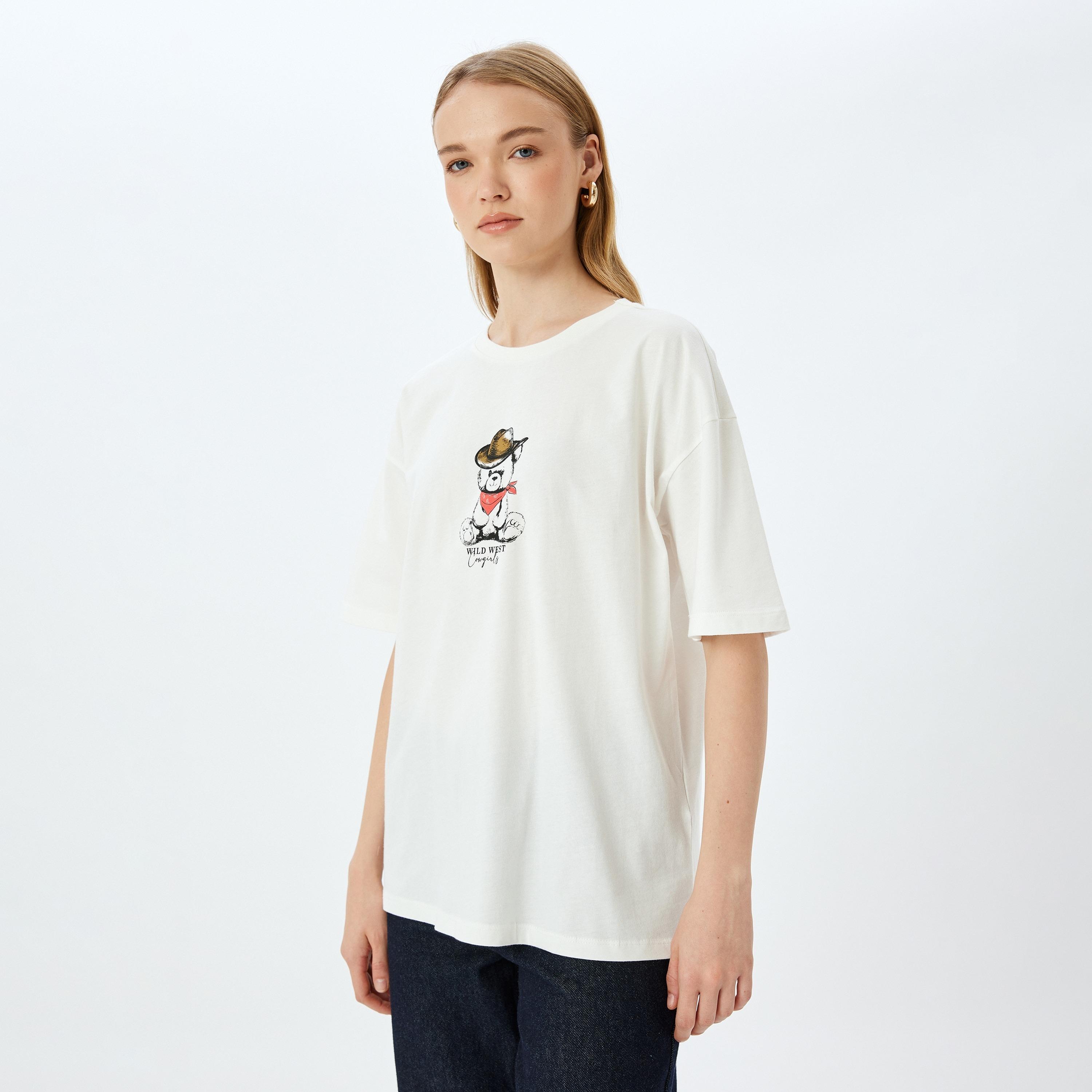 Koton White Graphic Teddy Print Crew Neck Dropped Sleeves Women's T-Shirt-women-clothing-tshirts-image-1