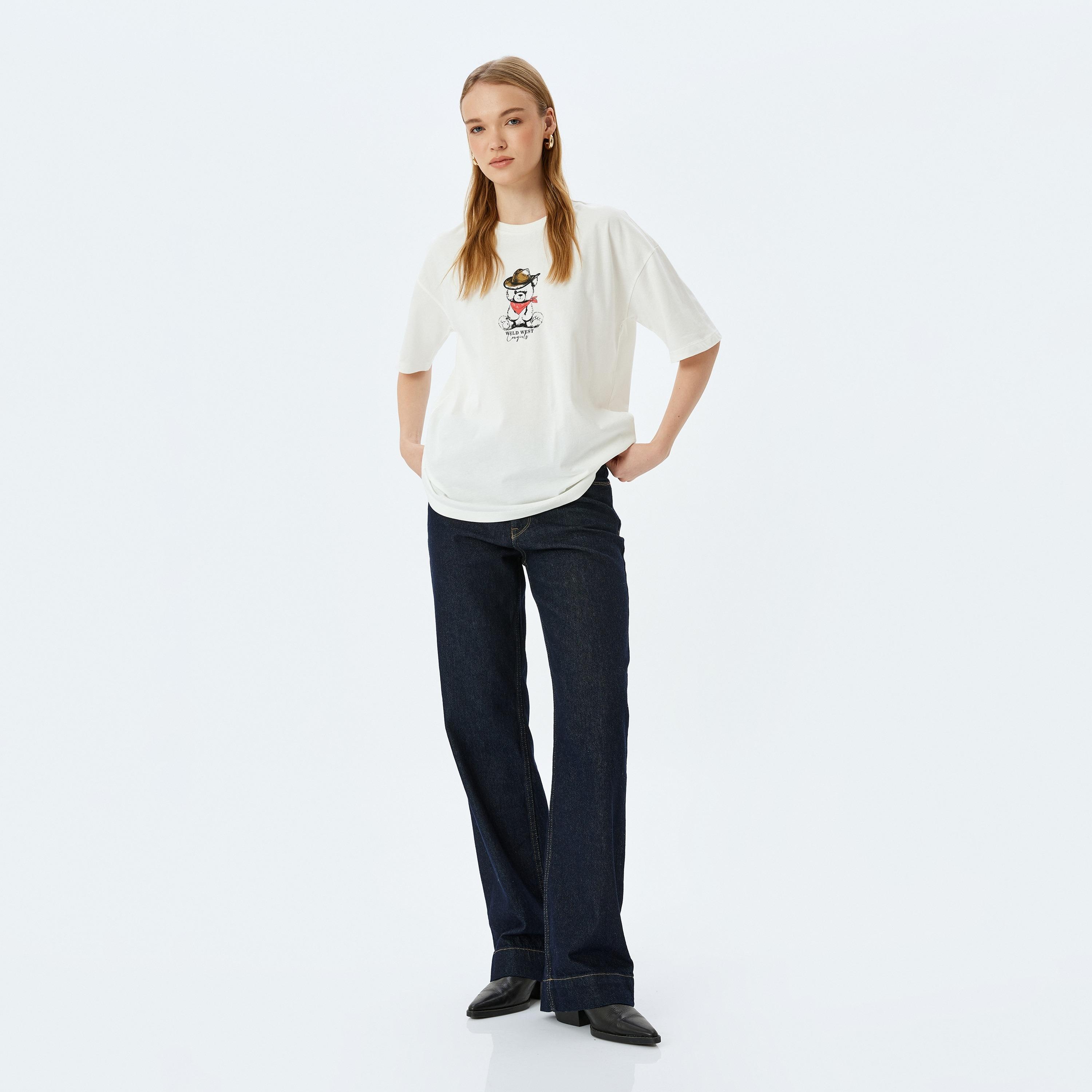 Koton White Graphic Teddy Print Crew Neck Dropped Sleeves Women's T-Shirt-women-clothing-tshirts-image-2