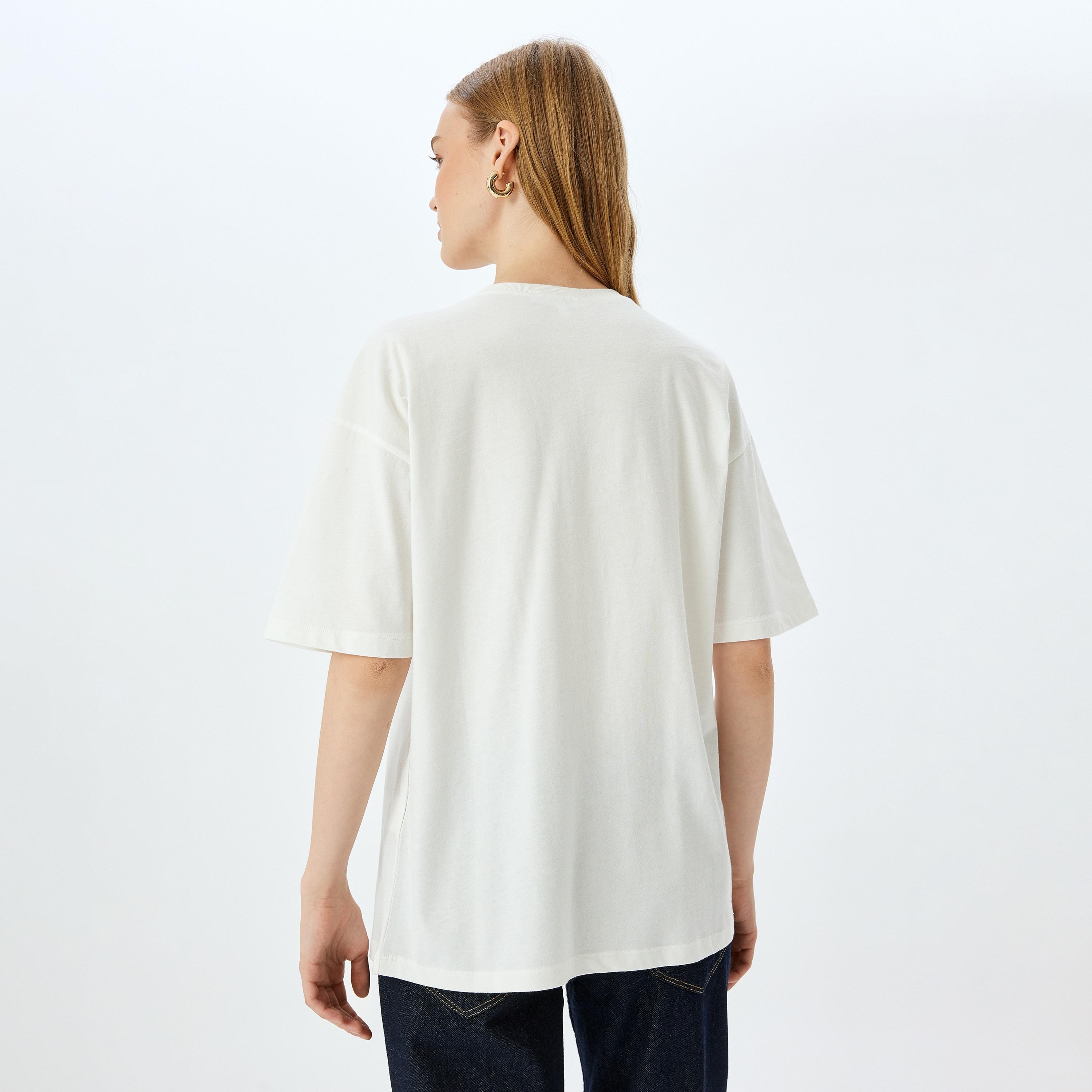 Koton White Graphic Teddy Print Crew Neck Dropped Sleeves Women's T-Shirt-women-clothing-tshirts-image-3