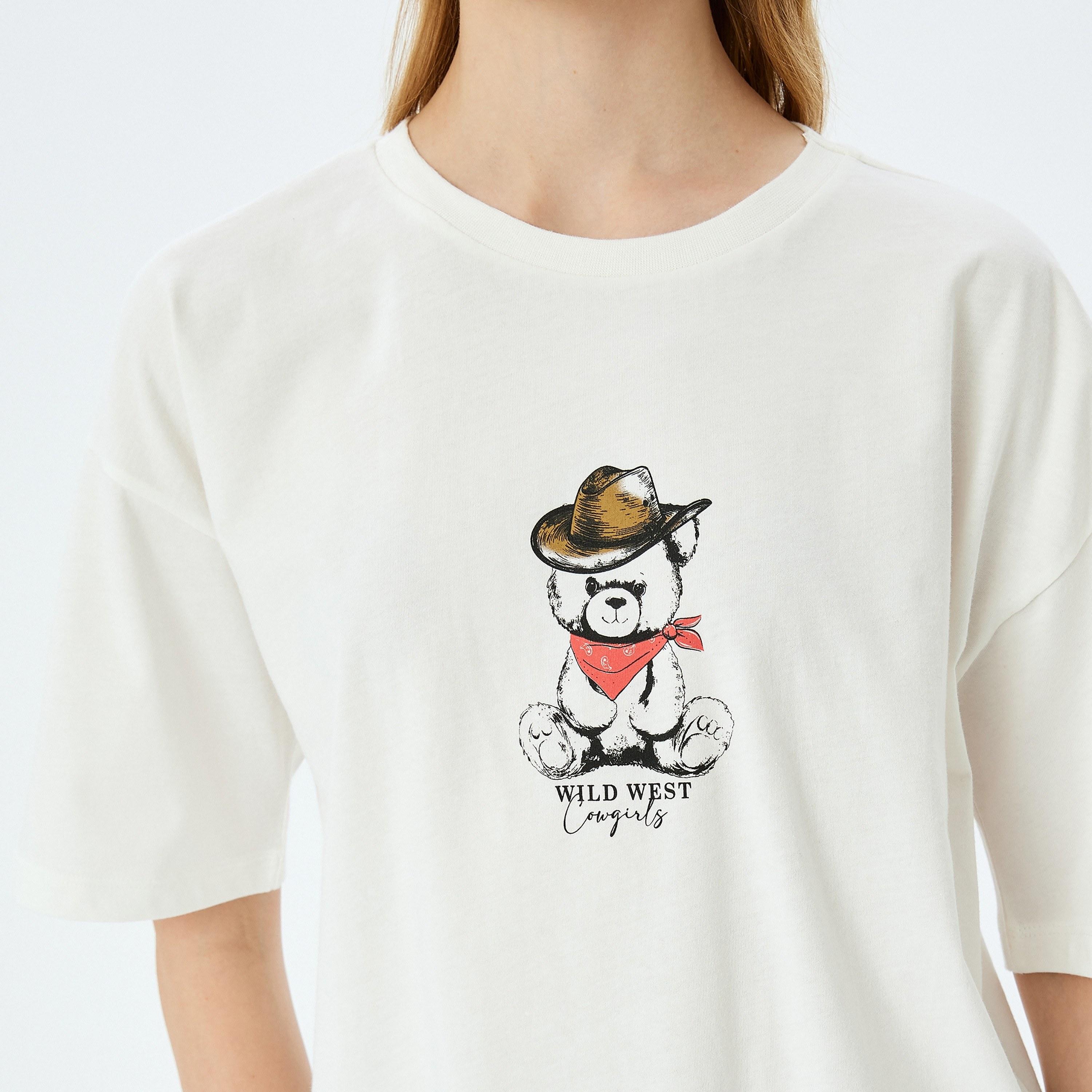 Koton White Graphic Teddy Print Crew Neck Dropped Sleeves Women's T-Shirt-women-clothing-tshirts-image-4
