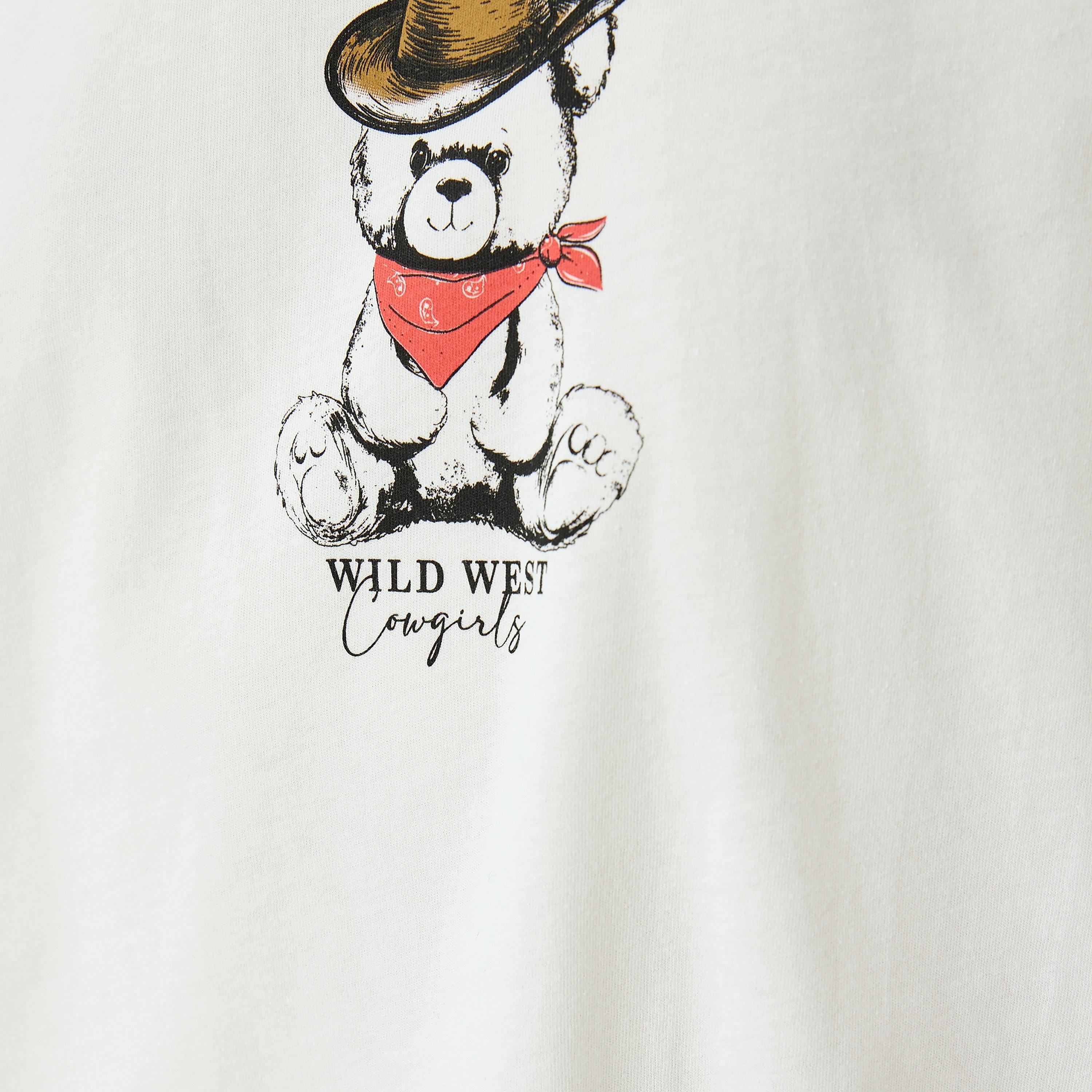 Koton White Graphic Teddy Print Crew Neck Dropped Sleeves Women's T-Shirt-women-clothing-tshirts-image-5