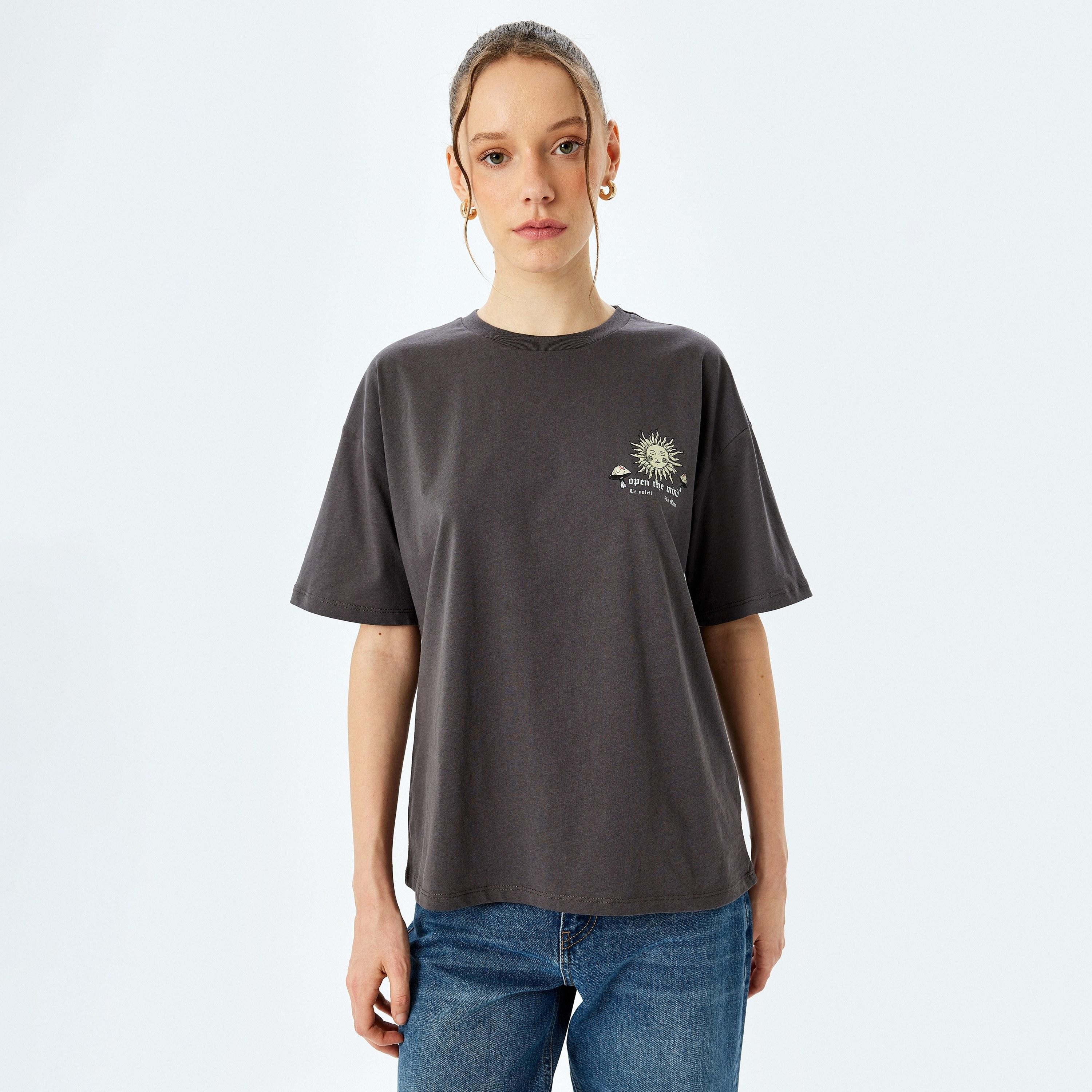 Koton Grey Graphic Print Crew Neck Dropped Sleeves Women's T-Shirt-women-clothing-tshirts-image-1