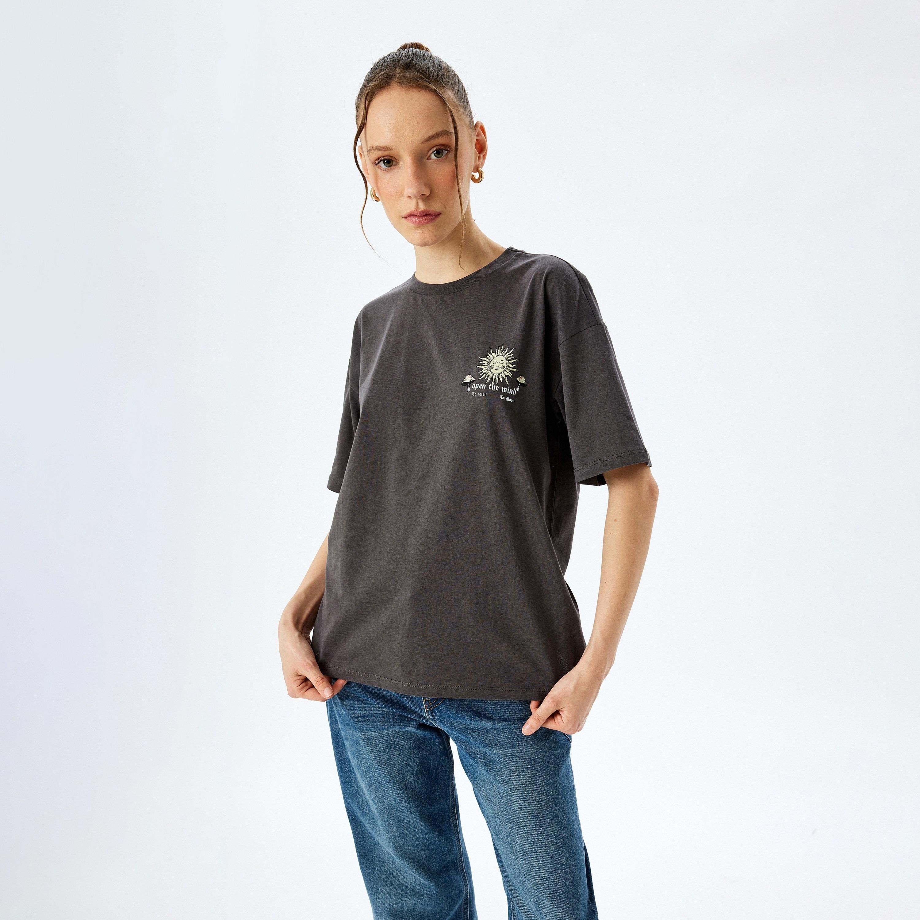 Koton Grey Graphic Print Crew Neck Dropped Sleeves Women's T-Shirt-women-clothing-tshirts-image-2