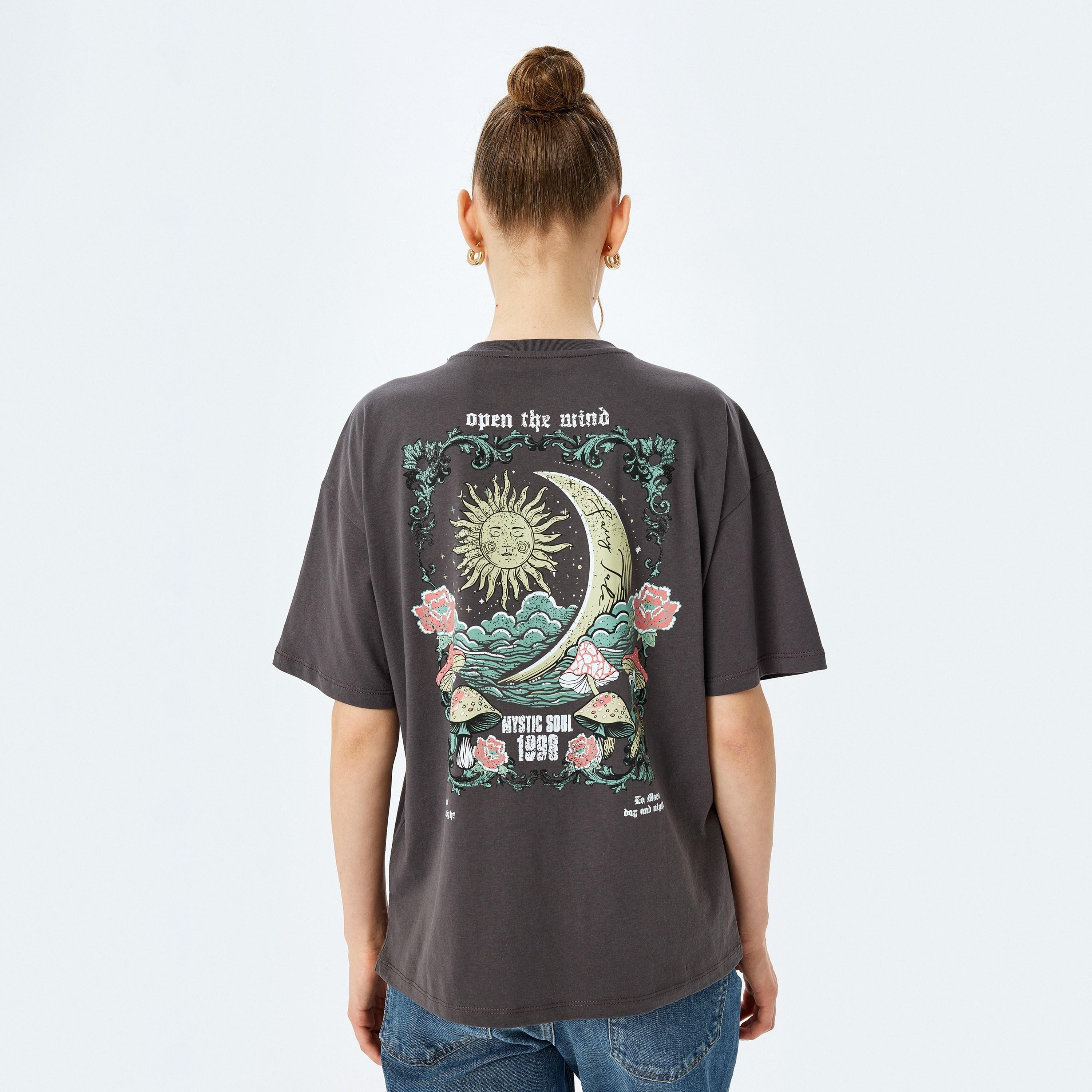 Koton Grey Graphic Print Crew Neck Dropped Sleeves Women's T-Shirt-women-clothing-tshirts-image-3