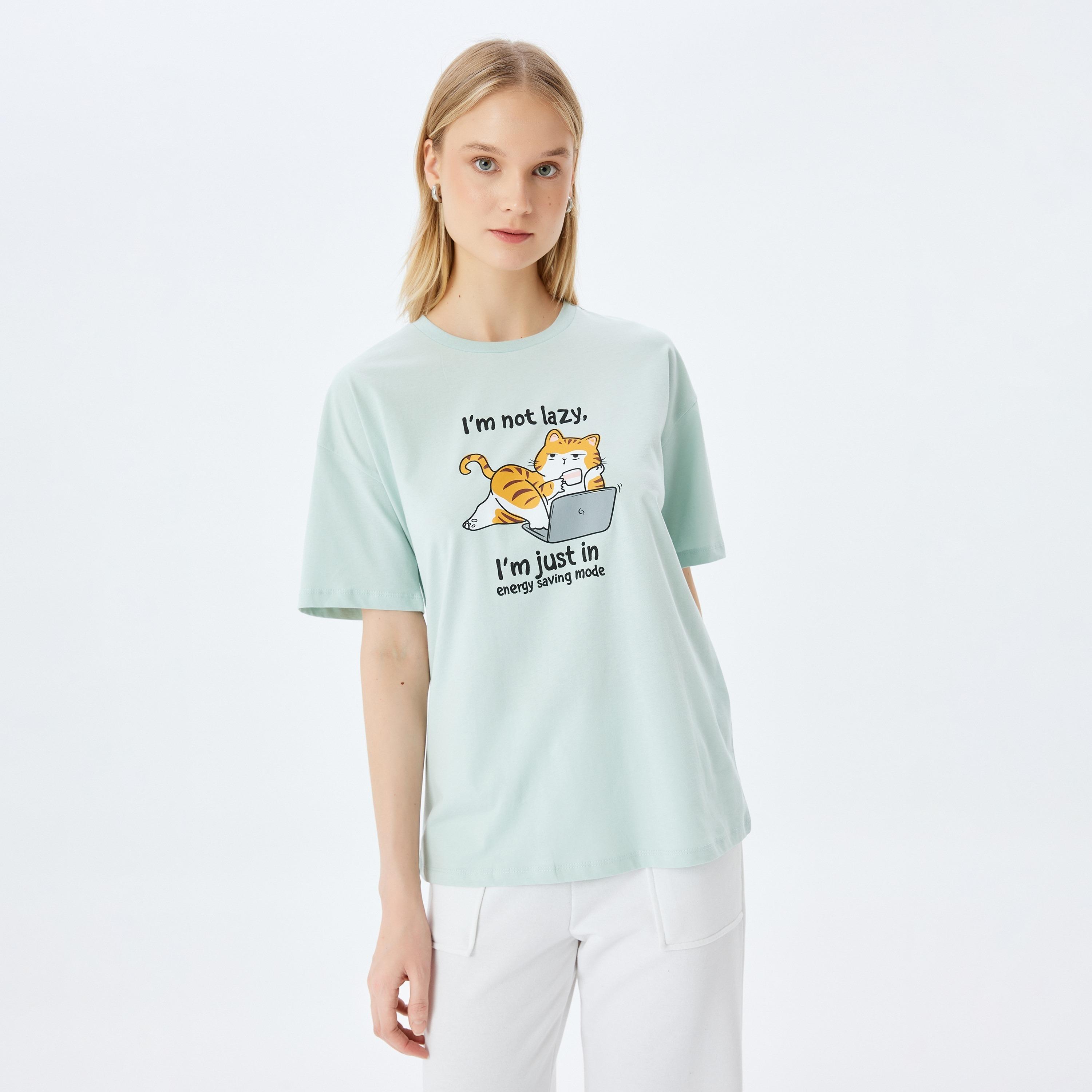 Koton Mint Graphic Cat Print Crew Neck Dropped Sleeves Women's T-Shirt-women-clothing-tshirts-image-1