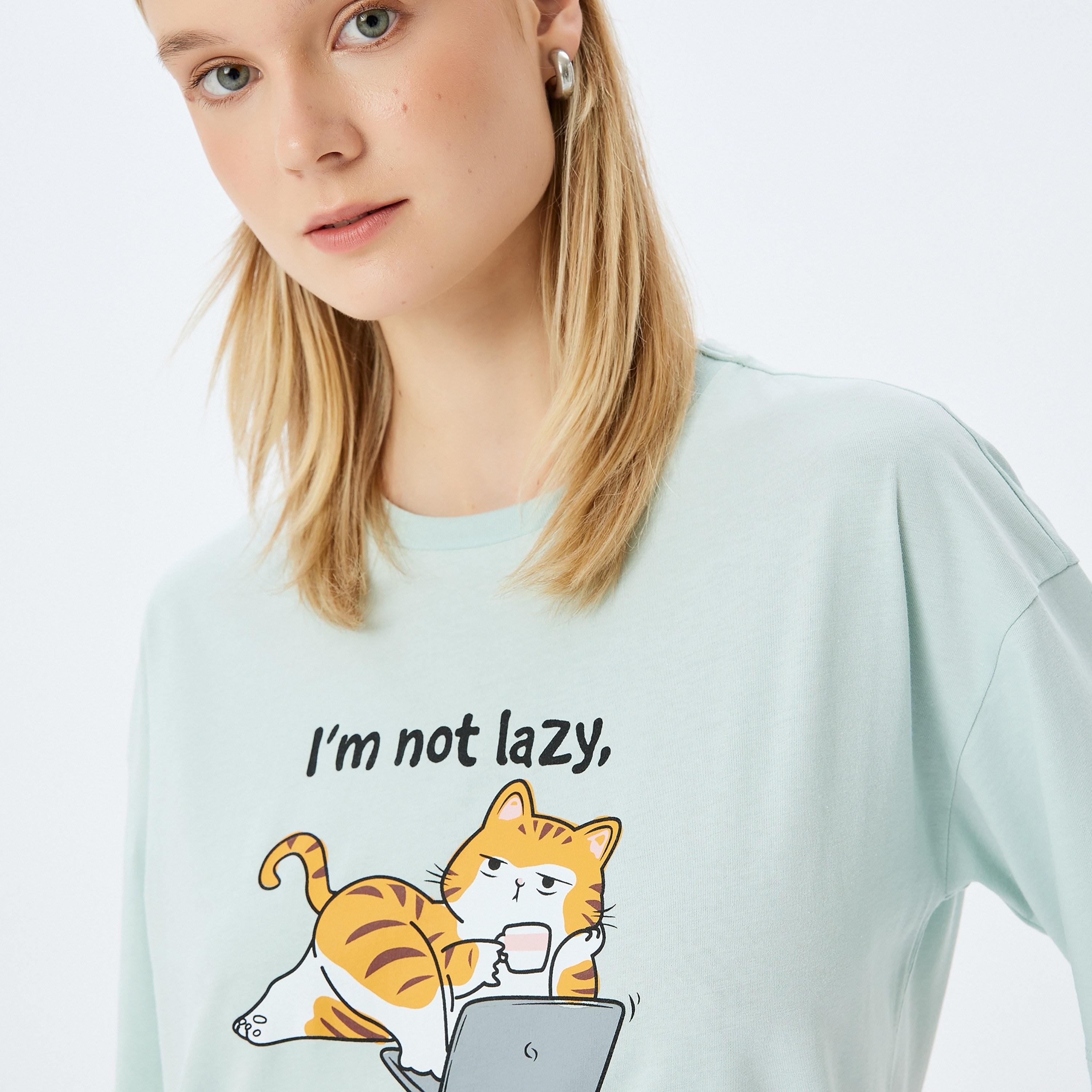 Koton Mint Graphic Cat Print Crew Neck Dropped Sleeves Women's T-Shirt-women-clothing-tshirts-image-2