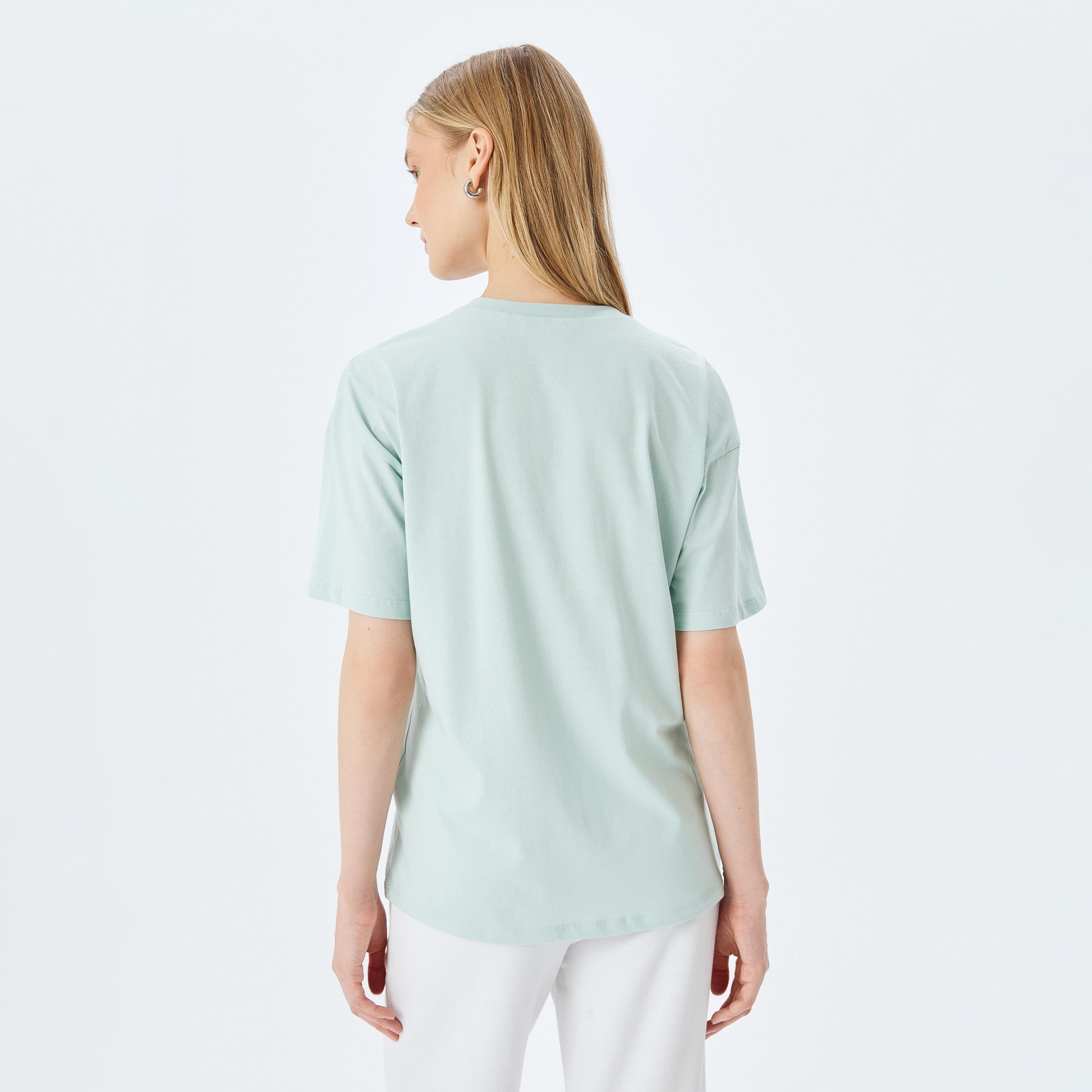 Koton Mint Graphic Cat Print Crew Neck Dropped Sleeves Women's T-Shirt-women-clothing-tshirts-image-3