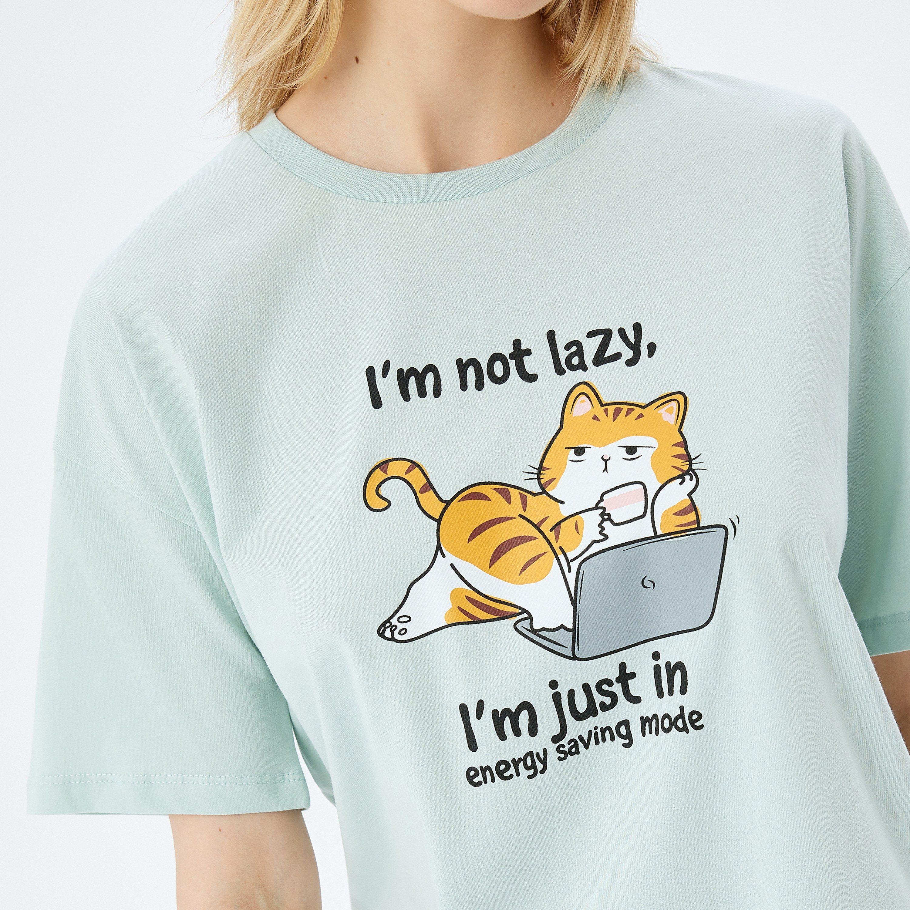 Koton Mint Graphic Cat Print Crew Neck Dropped Sleeves Women's T-Shirt-women-clothing-tshirts-image-4