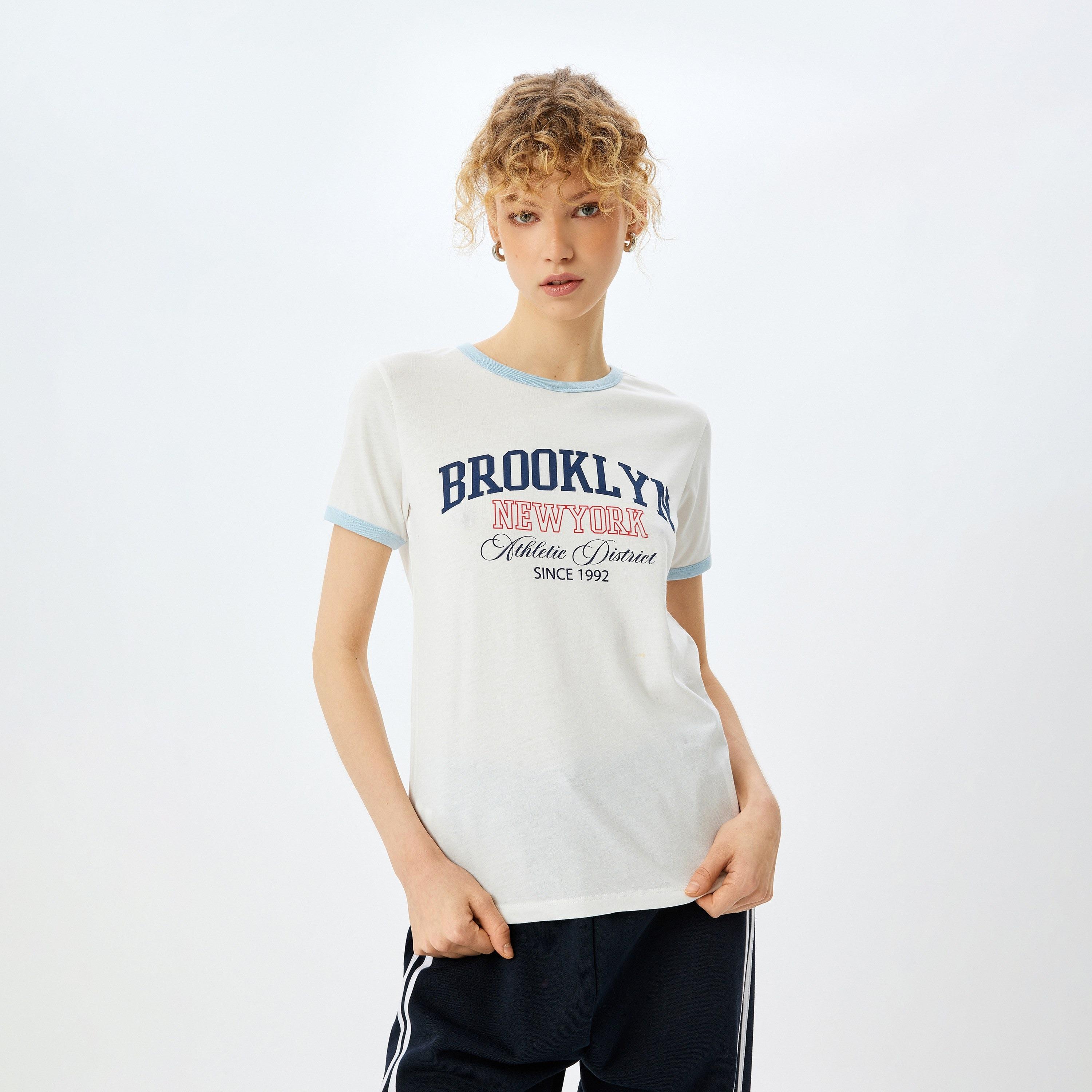 Koton White Text-Print Round Neck Short Sleeves Women's T-Shirt-women-clothing-tshirts-image-1