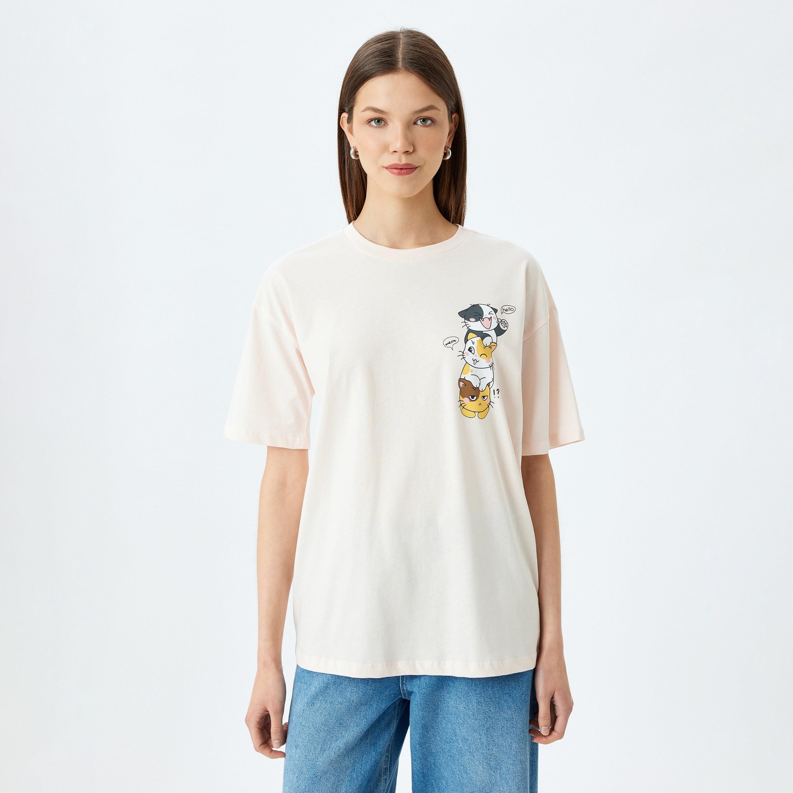 Koton Pink Graphic Print Round Neck Dropped Sleeves Women's T-Shirt-women-clothing-tshirts-image-1