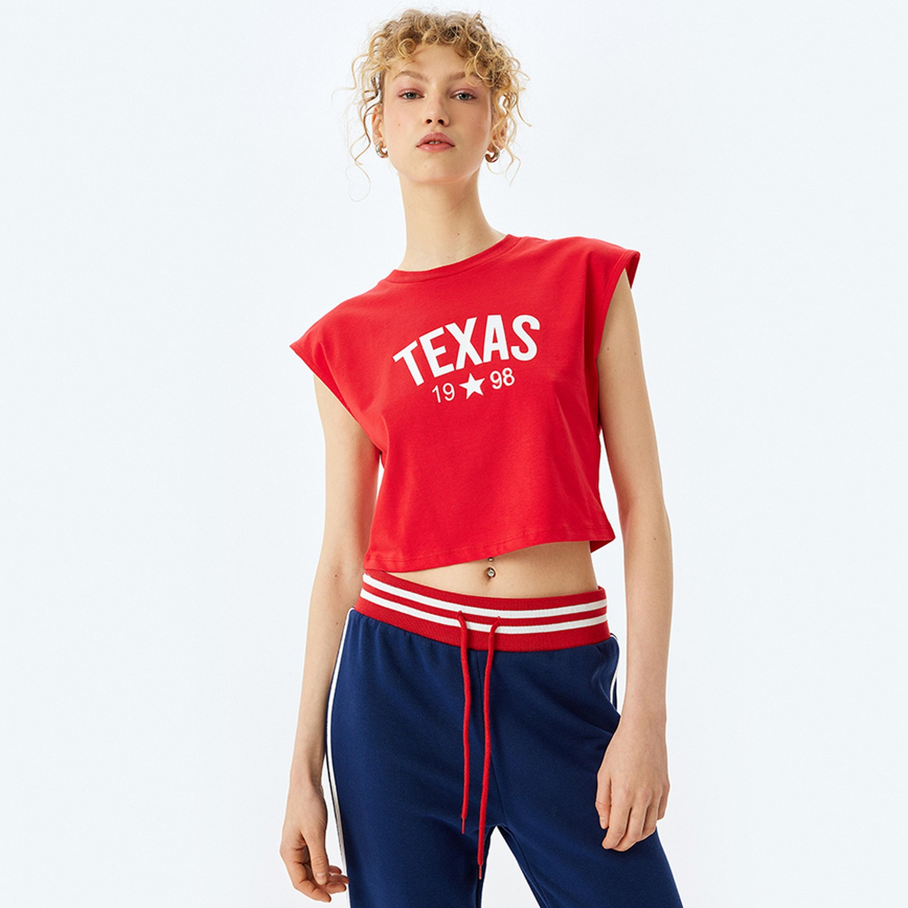 KOTON Red Text Print Crew Neck Cap Sleeves Women's T-Shirt-women-clothing-tshirts-image-1