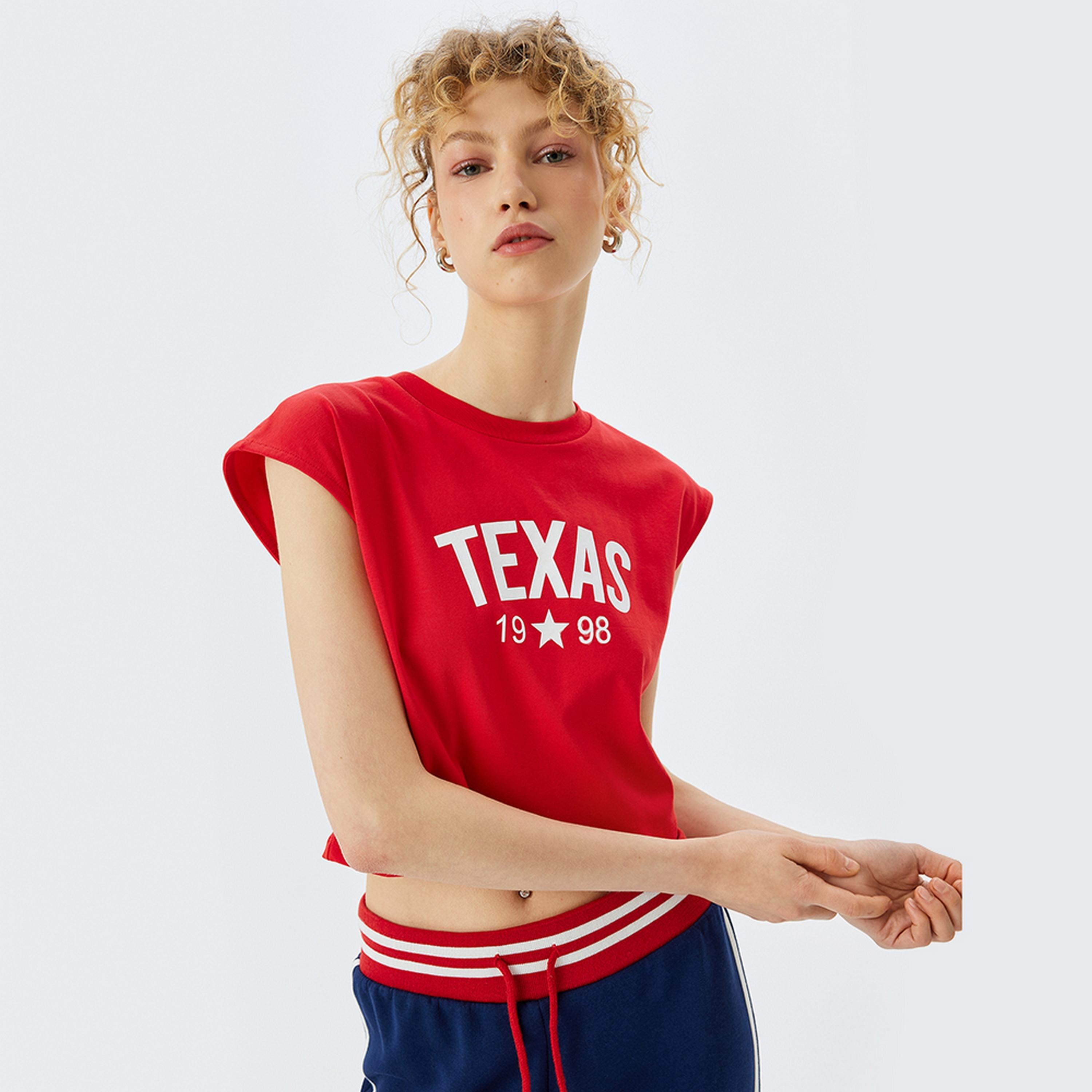 KOTON Red Text Print Crew Neck Cap Sleeves Women's T-Shirt-women-clothing-tshirts-image-5