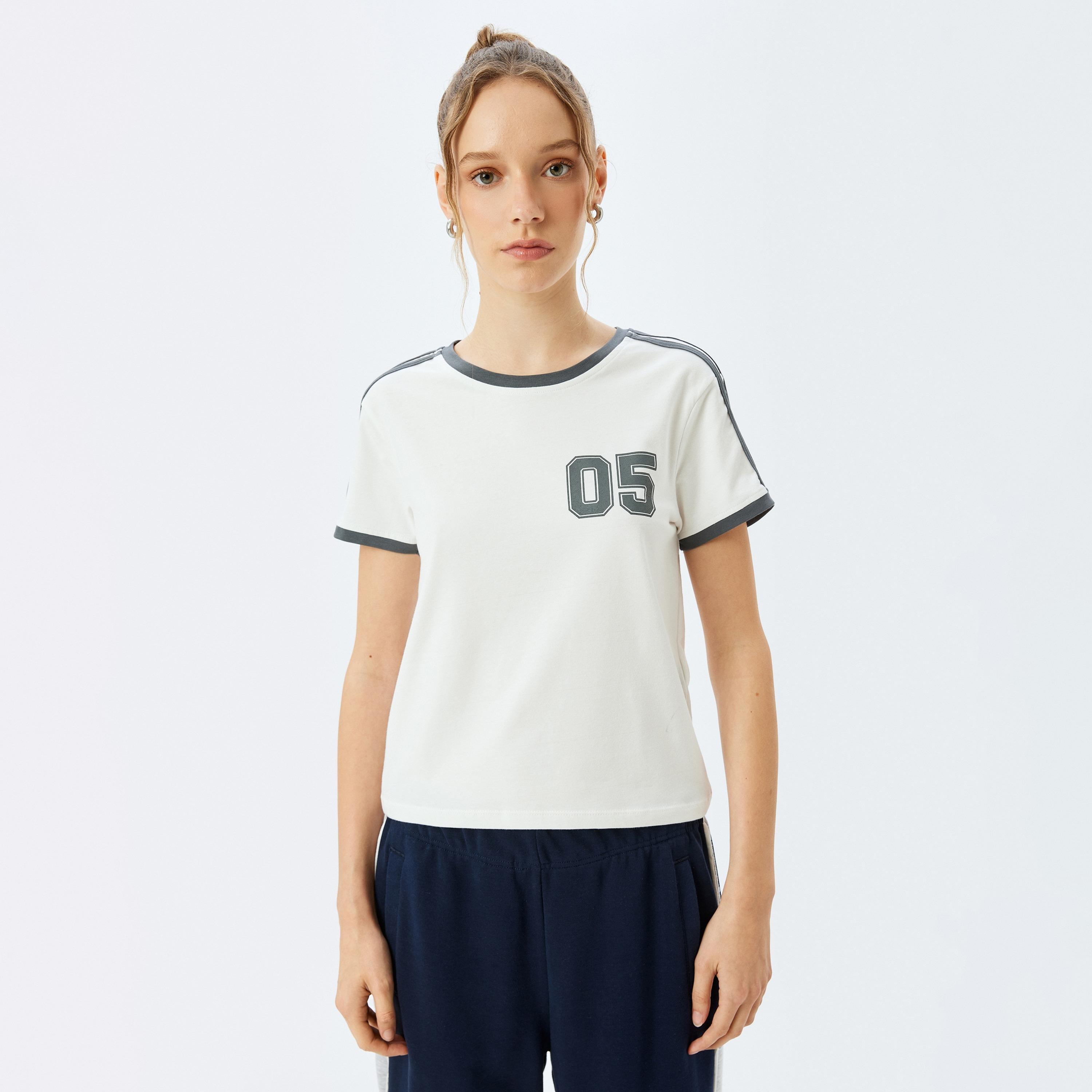 Koton White Printed Round Neck Short Sleeves Women's Varsity T-Shirt-women-clothing-tshirts-image-1