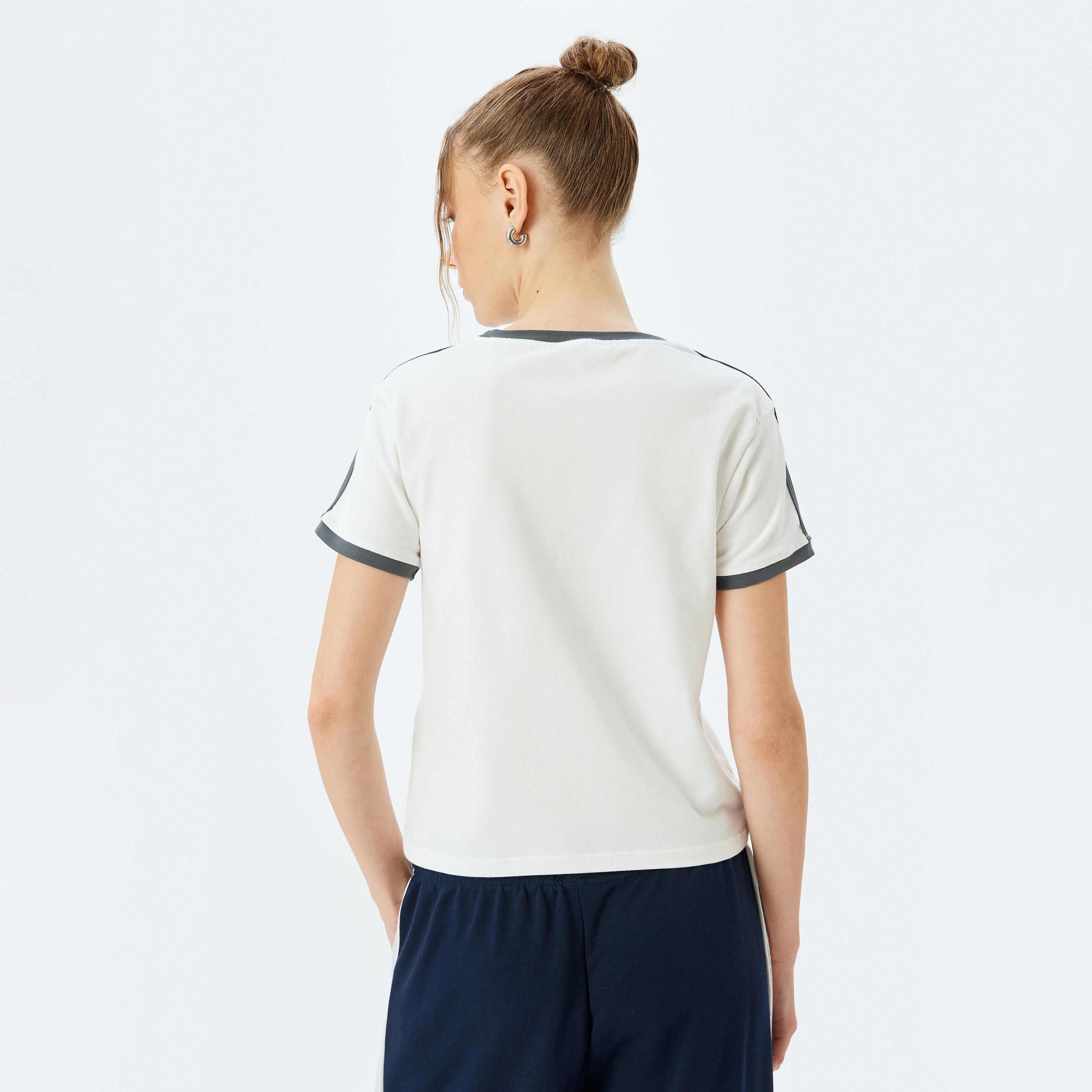Koton White Printed Round Neck Short Sleeves Women's Varsity T-Shirt-women-clothing-tshirts-image-3