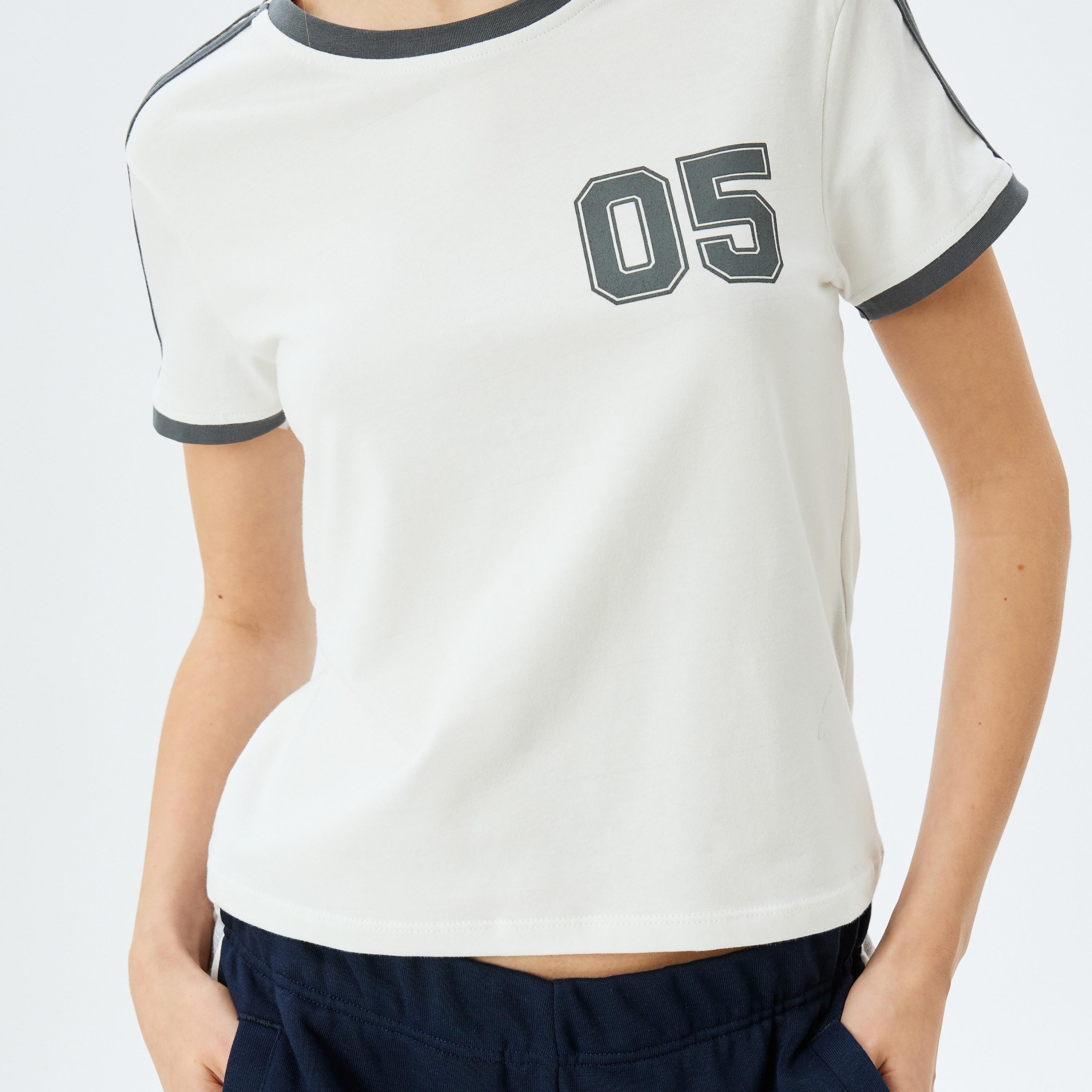 Koton White Printed Round Neck Short Sleeves Women's Varsity T-Shirt-women-clothing-tshirts-image-4