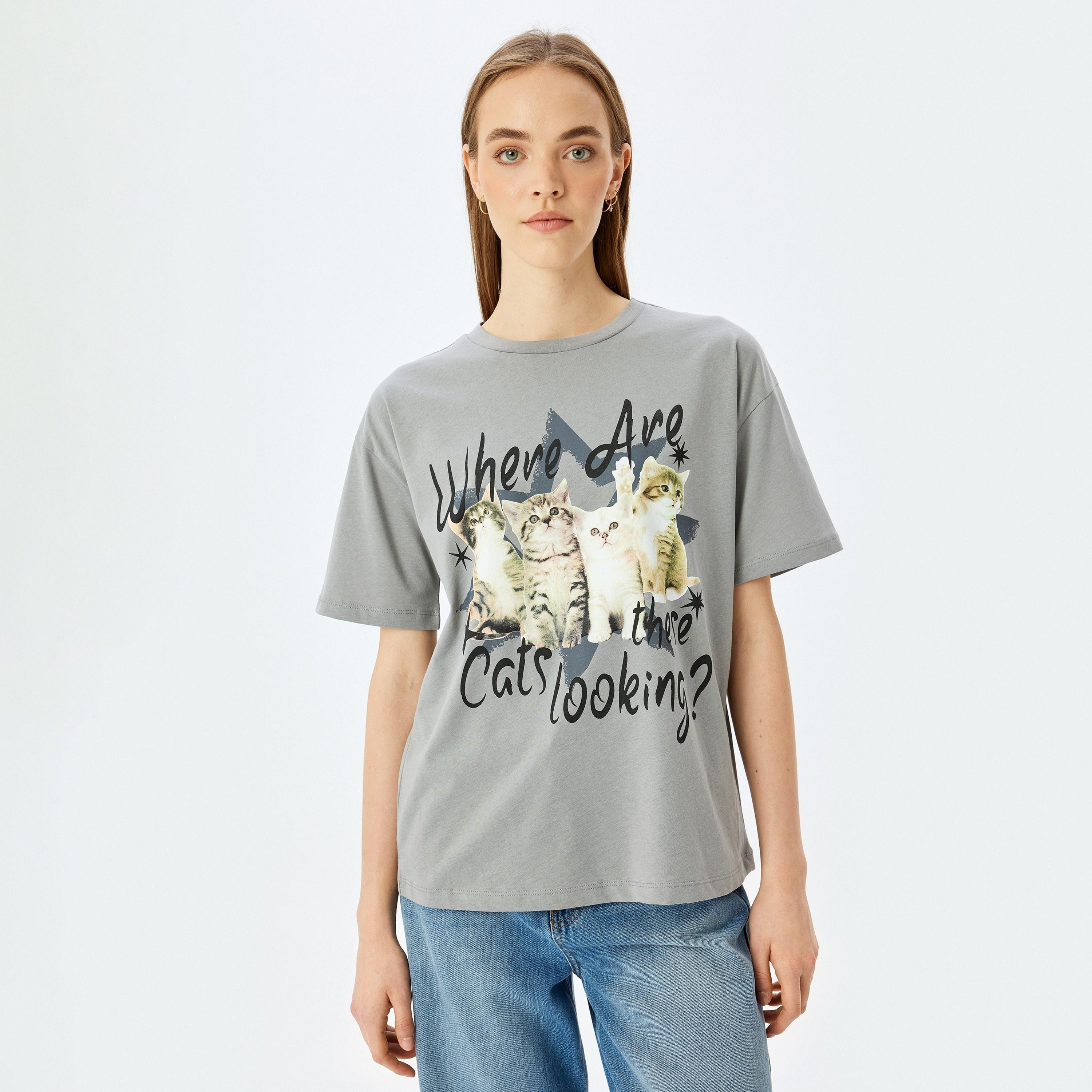 Koton Grey Graphic Cat Print Round Neck Dropped Sleeves Women's T-Shirt-women-clothing-tshirts-image-1