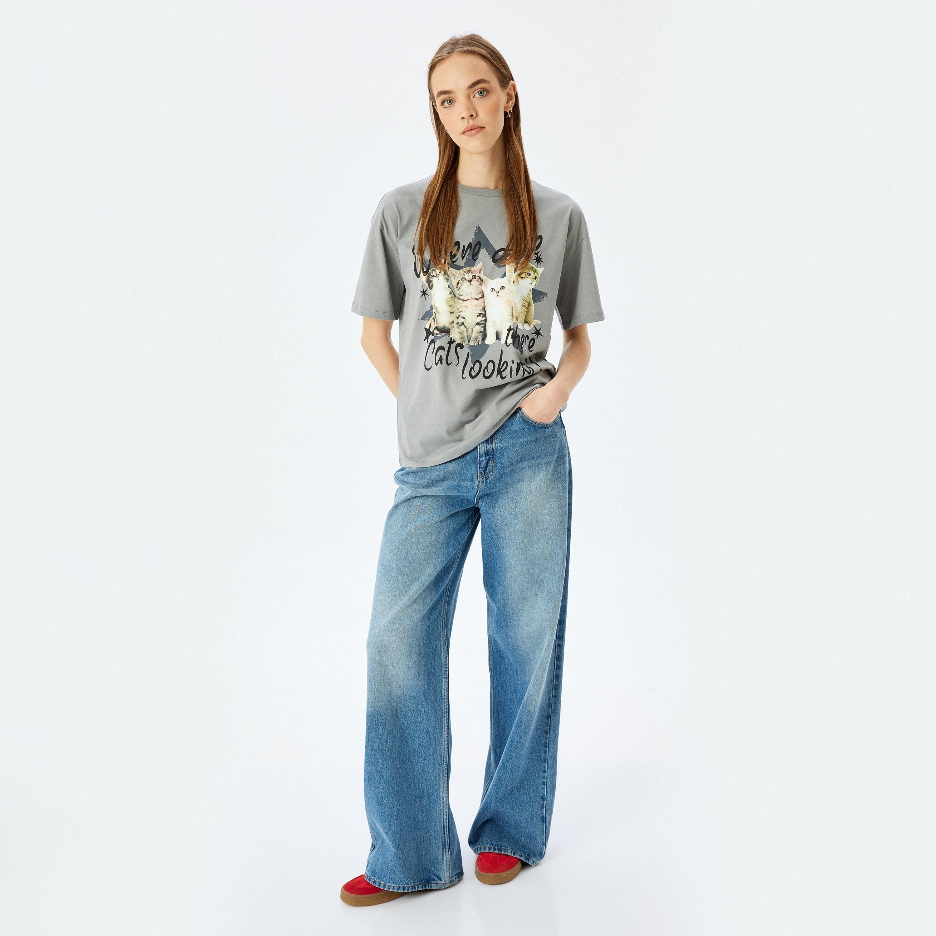 Koton Grey Graphic Cat Print Round Neck Dropped Sleeves Women's T-Shirt-women-clothing-tshirts-image-2