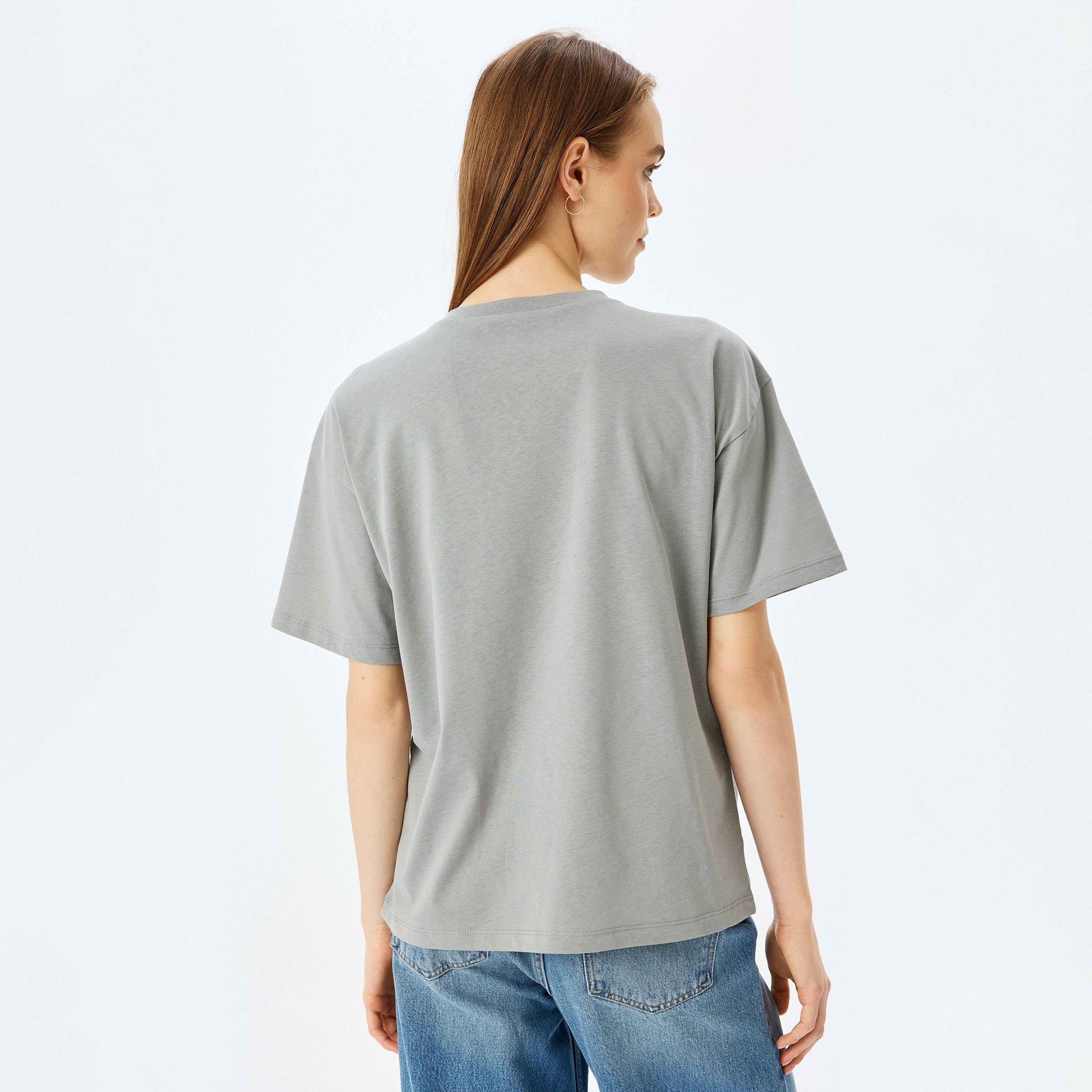 Koton Grey Graphic Cat Print Round Neck Dropped Sleeves Women's T-Shirt-women-clothing-tshirts-image-3