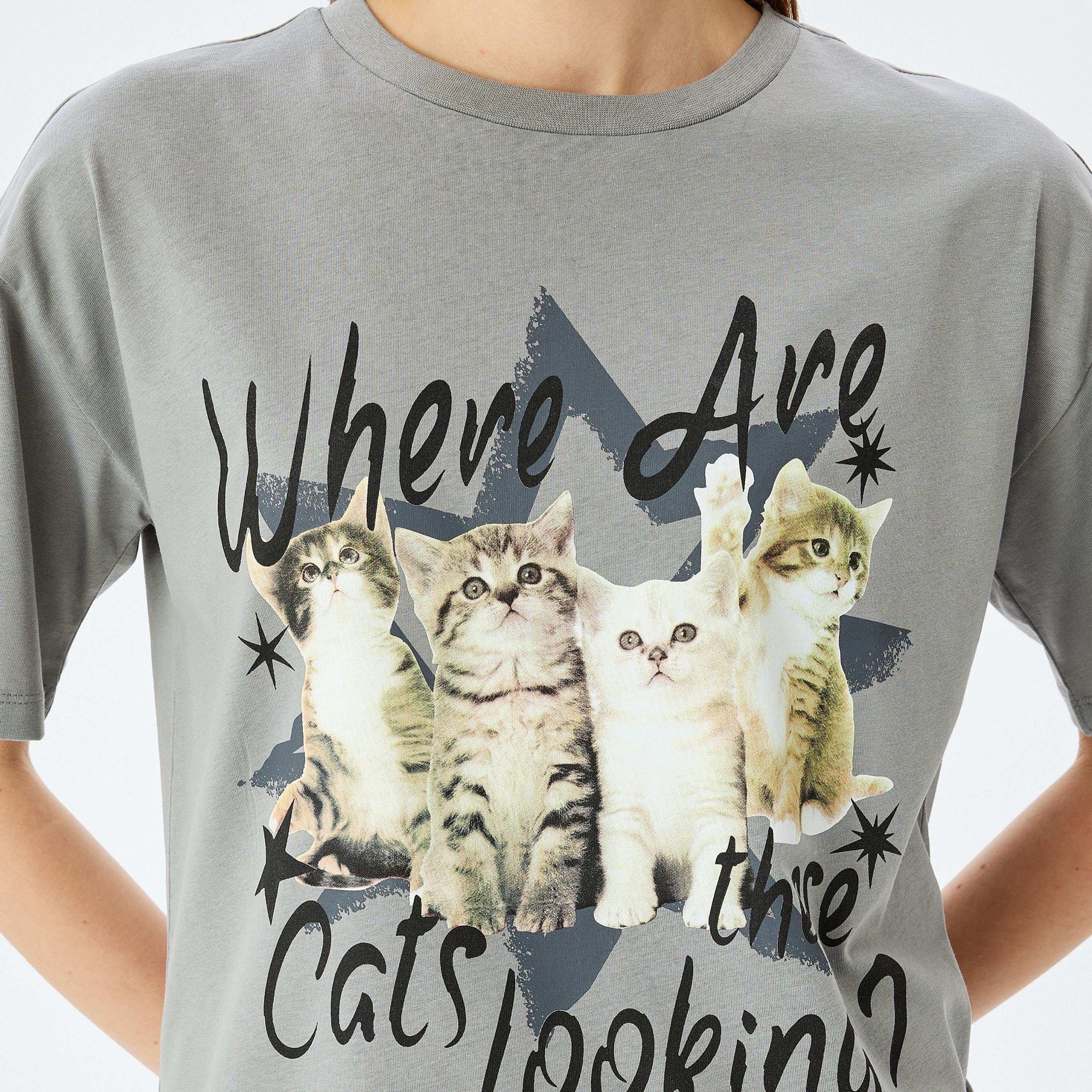 Koton Grey Graphic Cat Print Round Neck Dropped Sleeves Women's T-Shirt-women-clothing-tshirts-image-4