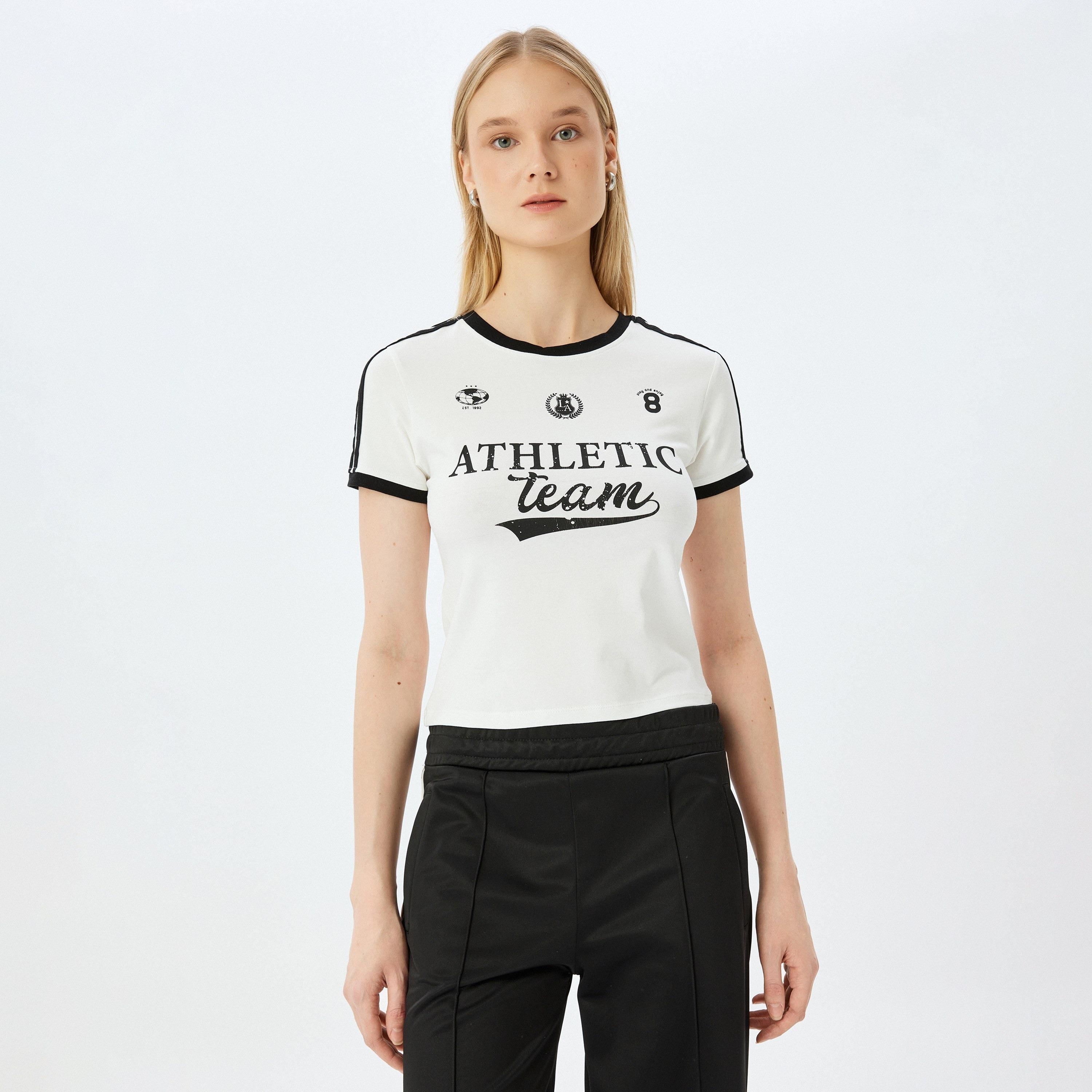 Koton White Text-Print Crew Neck Short Sleeves Women's T-Shirt-women-clothing-tshirts-image-1