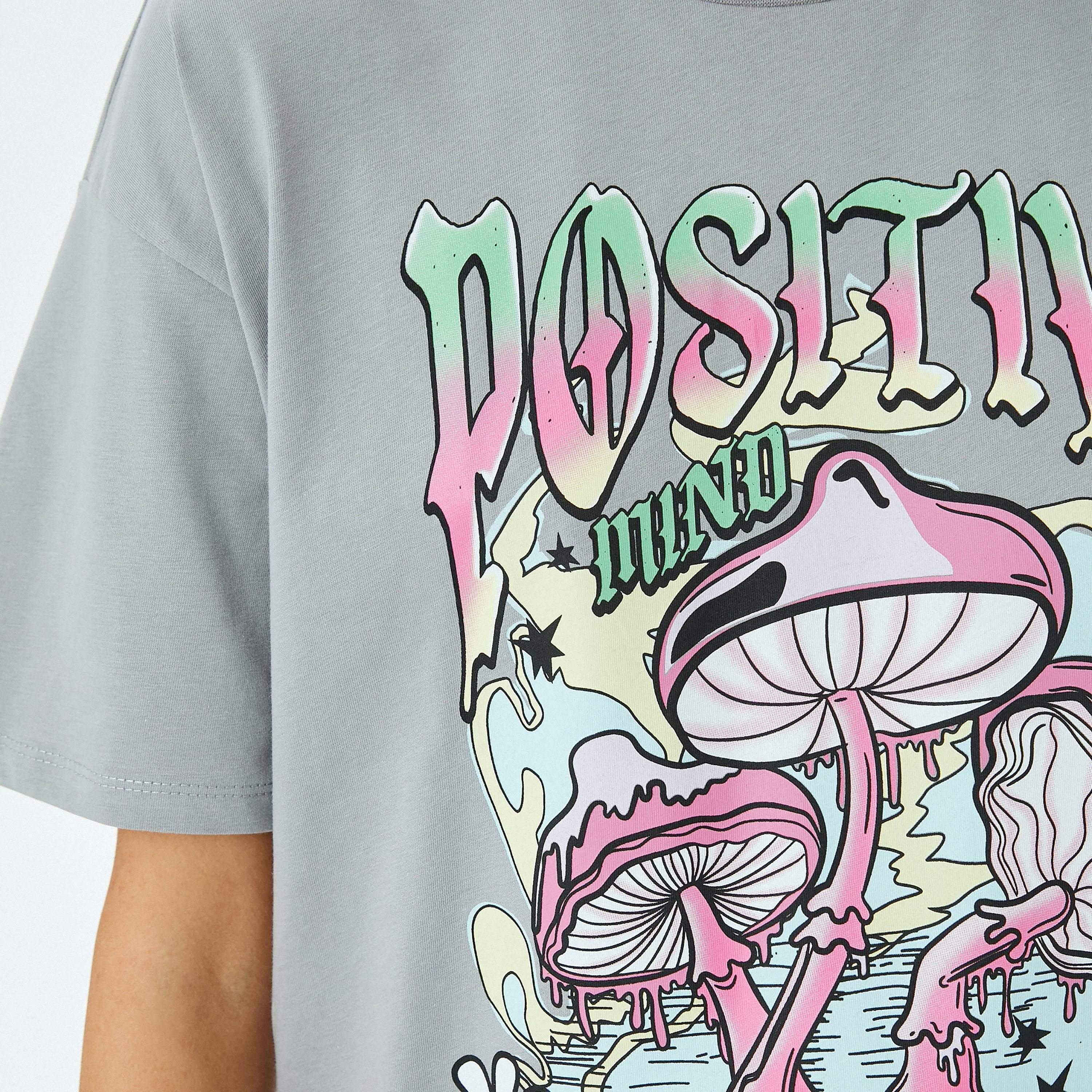 كوتون رمادي بطبعة جرافيكية بياقة دائرية بأكمام منخفضة قميص نسائي-women-clothing-tshirts-image-4
