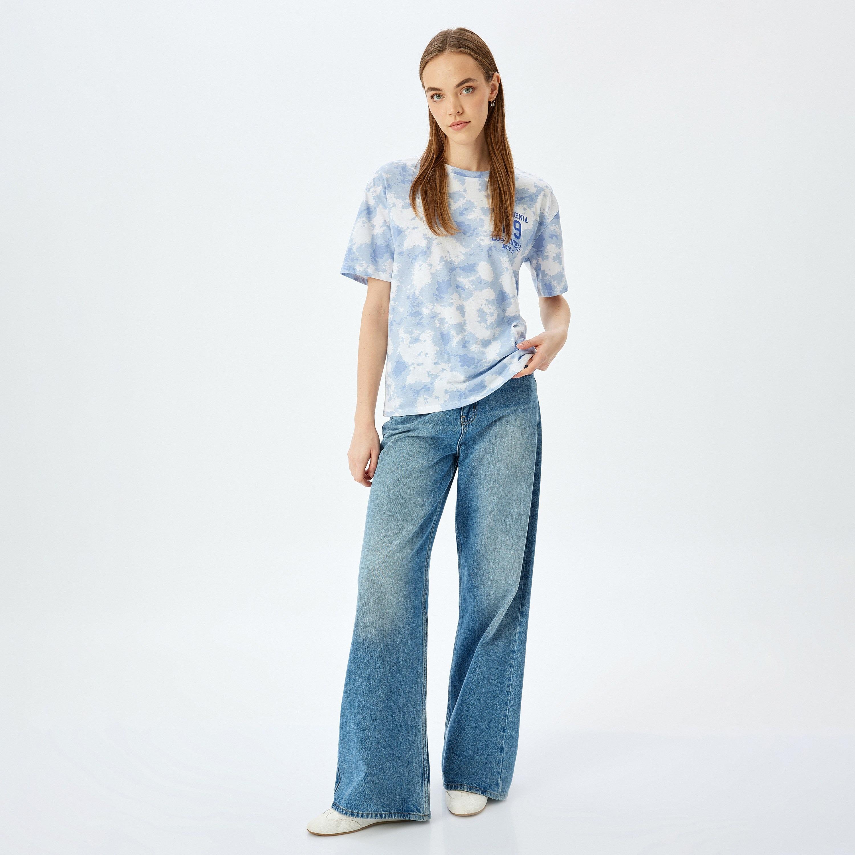 Koton Blue Tie Dye Crew Neck Dropped Sleeves Women's T-Shirt-women-clothing-tshirts-image-2